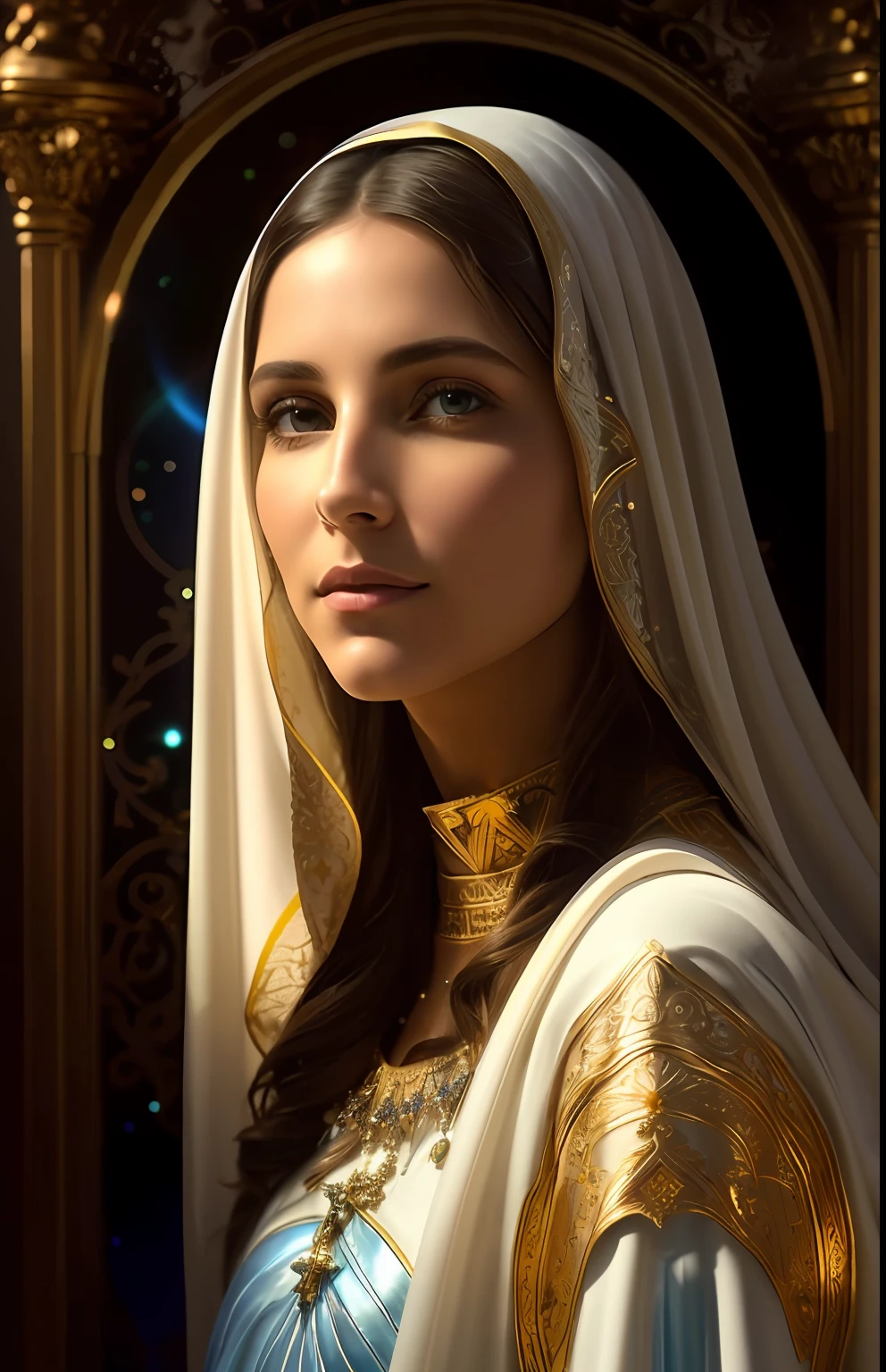 (((Blessed Virgin Mary))) Obra maestra, (La mejor calidad: 1.2), (super fine: 1.2), illustration, (extremadamente delicado y hermoso: 1.2), movie angle, flotante, (Hermoso ojo de detalle: 1.1), (detalle luz: 1.1), Movie Lights, Cielo delicado, ojos azules, (Cola de caballo alta: 1.1), capa, ojuelos, (luna: 1. 2), (Luz de la luna: 1.1), cielo estrellado, (light particles: 1.1) dibujo, flor. (Obra maestra), (La mejor calidad), (fotorrealista:1.3), 8k, Textura detallada de la piel, Textura detallada de la tela, Hermosa cara detallada, Detalles intrincados, Ultra detallado (cuerpo de cuerpo entero:1.2)