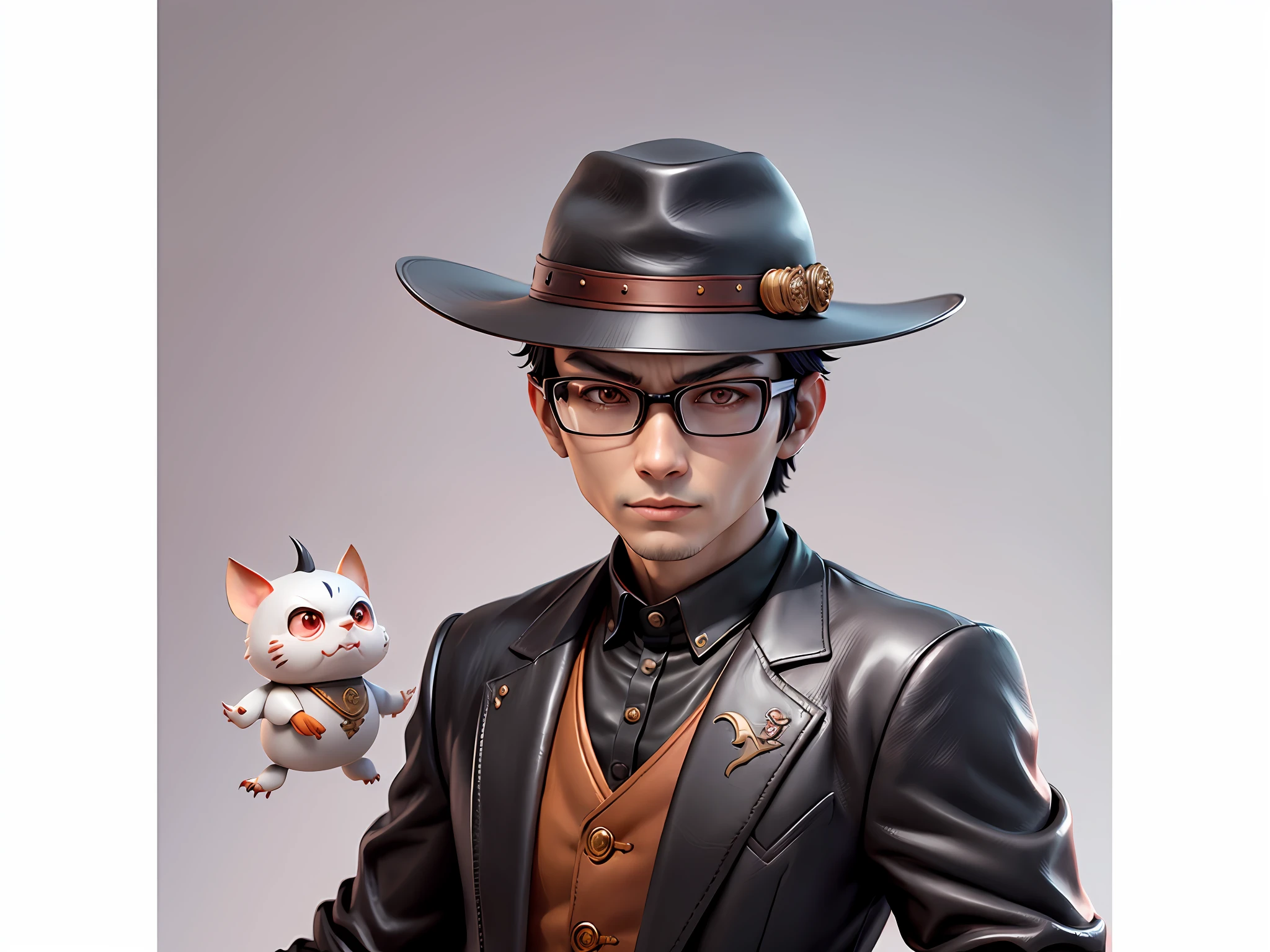 Young man with oriental face in leather hat, dragon, formal suit, short black hair, silver glasses, digital painting, 3D character design by Mark Clairedon and Pixar and Hayao Miyazaki and Akira Toriyama, the illustration is a high-definition illustration in 4K resolution with very detailed facial features and cartoon-style visuals.
