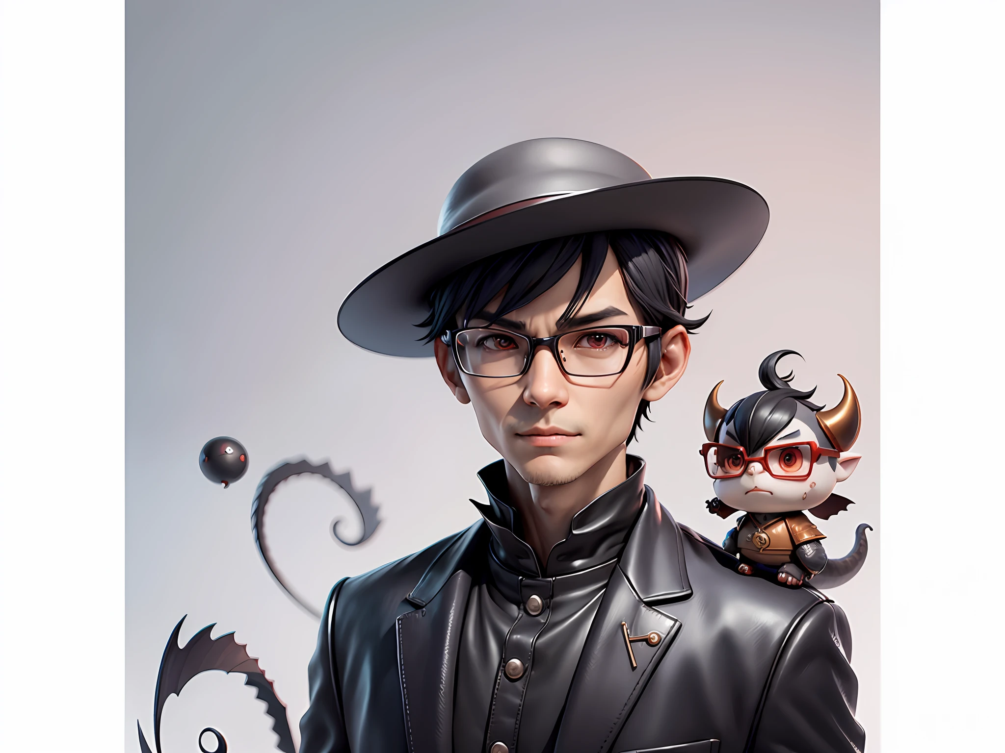 Young man with oriental face in leather hat, dragon, formal suit, short black hair, silver glasses, digital painting, 3D character design by Mark Clairedon and Pixar and Hayao Miyazaki and Akira Toriyama, the illustration is a high-definition illustration in 4K resolution with very detailed facial features and cartoon-style visuals.