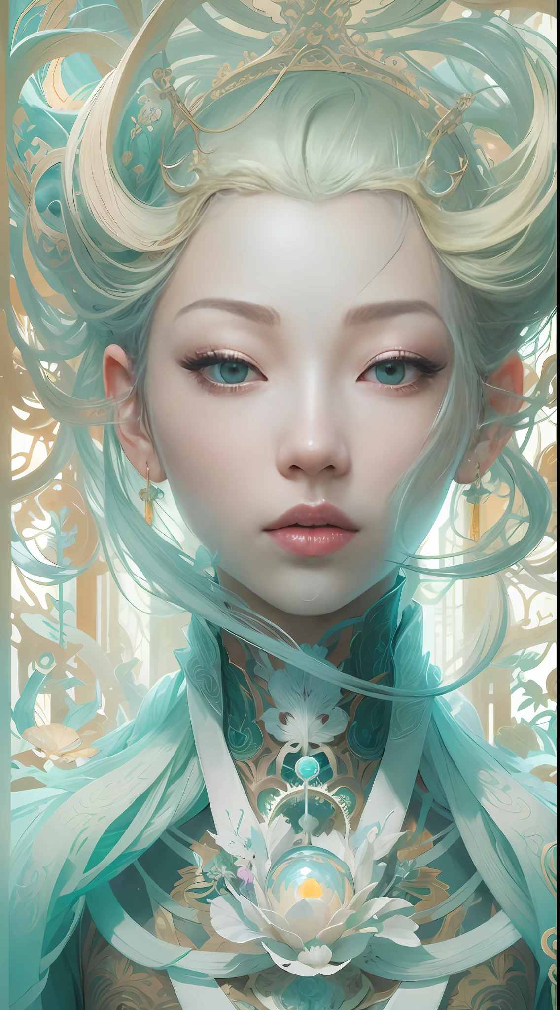 surrealism, conceptual art, classicism, back lit lighting, full bloom, Optical illusion, Wide-angle, Eye level shots, projected inset, hyper HD, Masterpiece, Textured skin, Super detail, High quality, Award-Awarded，Blue and white porcelain beauty，Green Swirl Soul, ornate and flowing, author：Tan Yang Kano,Ellen Jewett, Beeple e James Jean, author：Wen Boren, james jean and wlop, Chinese art, author：Ren Renfa, yanjun cheng, Thomas Villatte is intricate