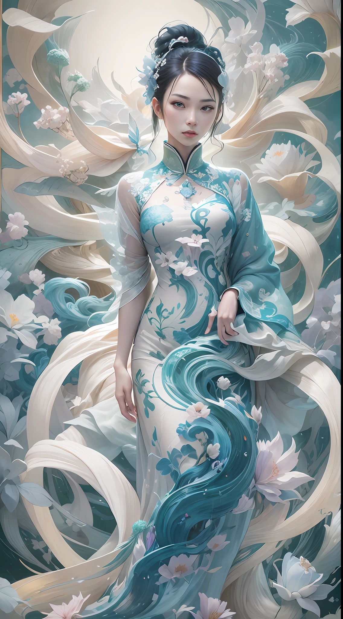 surrealism, conceptual art, classicism, back lit lighting, full bloom, Optical illusion, Wide-angle, Eye level shots, projected inset, hyper HD, Masterpiece, Textured skin, Super detail, High quality, Award-Awarded，Blue and white porcelain beauty，Green Swirl Soul, ornate and flowing, author：Tan Yang Kano,Ellen Jewett, Beeple e James Jean, author：Wen Boren, james jean and wlop, Chinese art, author：Ren Renfa, yanjun cheng, Thomas Villatte is intricate