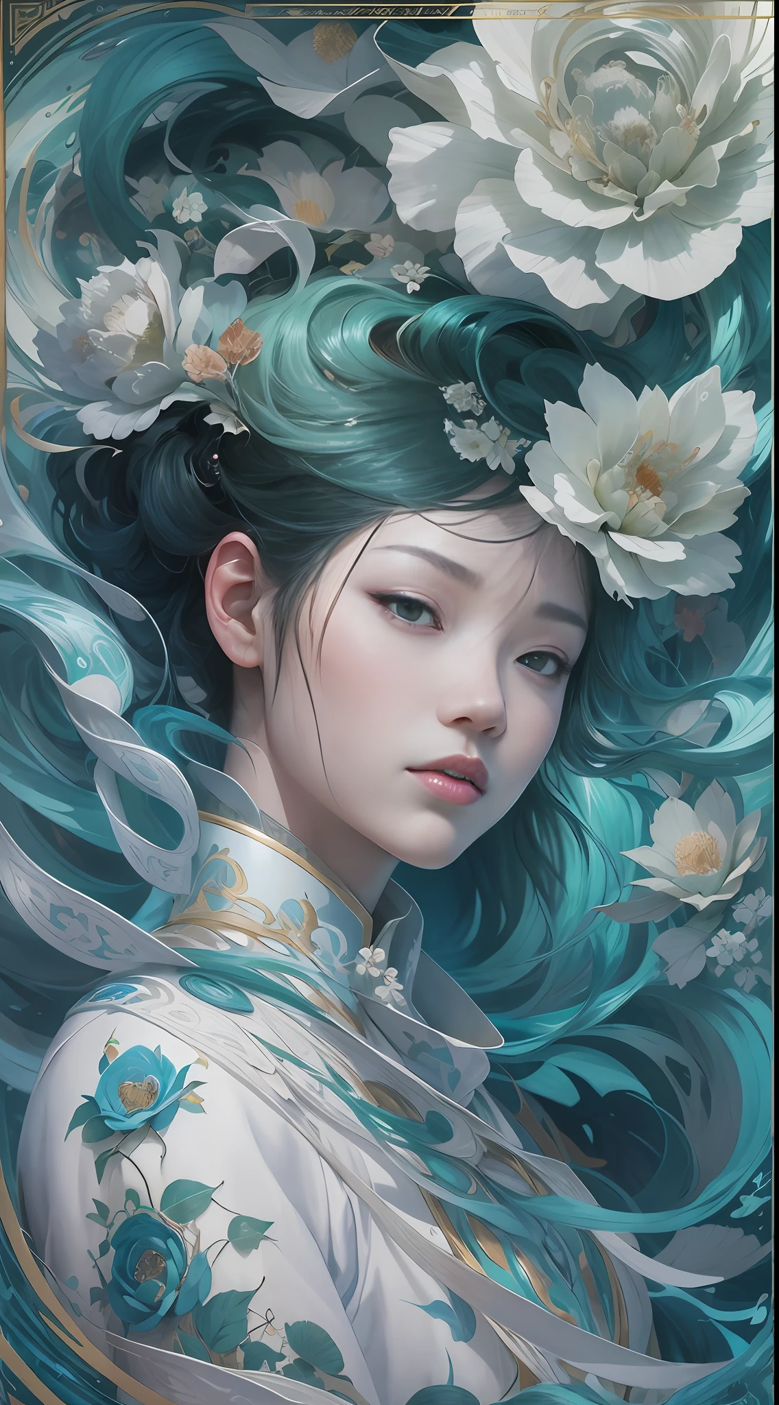 surrealism, conceptual art, classicism, back lit lighting, full bloom, Optical illusion, Wide-angle, Eye level shots, projected inset, hyper HD, Masterpiece, Textured skin, Super detail, High quality, Award-Awarded，Blue and white porcelain beauty，Green Swirl Soul, ornate and flowing, author：Tan Yang Kano,Ellen Jewett, Beeple e James Jean, author：Wen Boren, james jean and wlop, Chinese art, author：Ren Renfa, yanjun cheng, Thomas Villatte is intricate