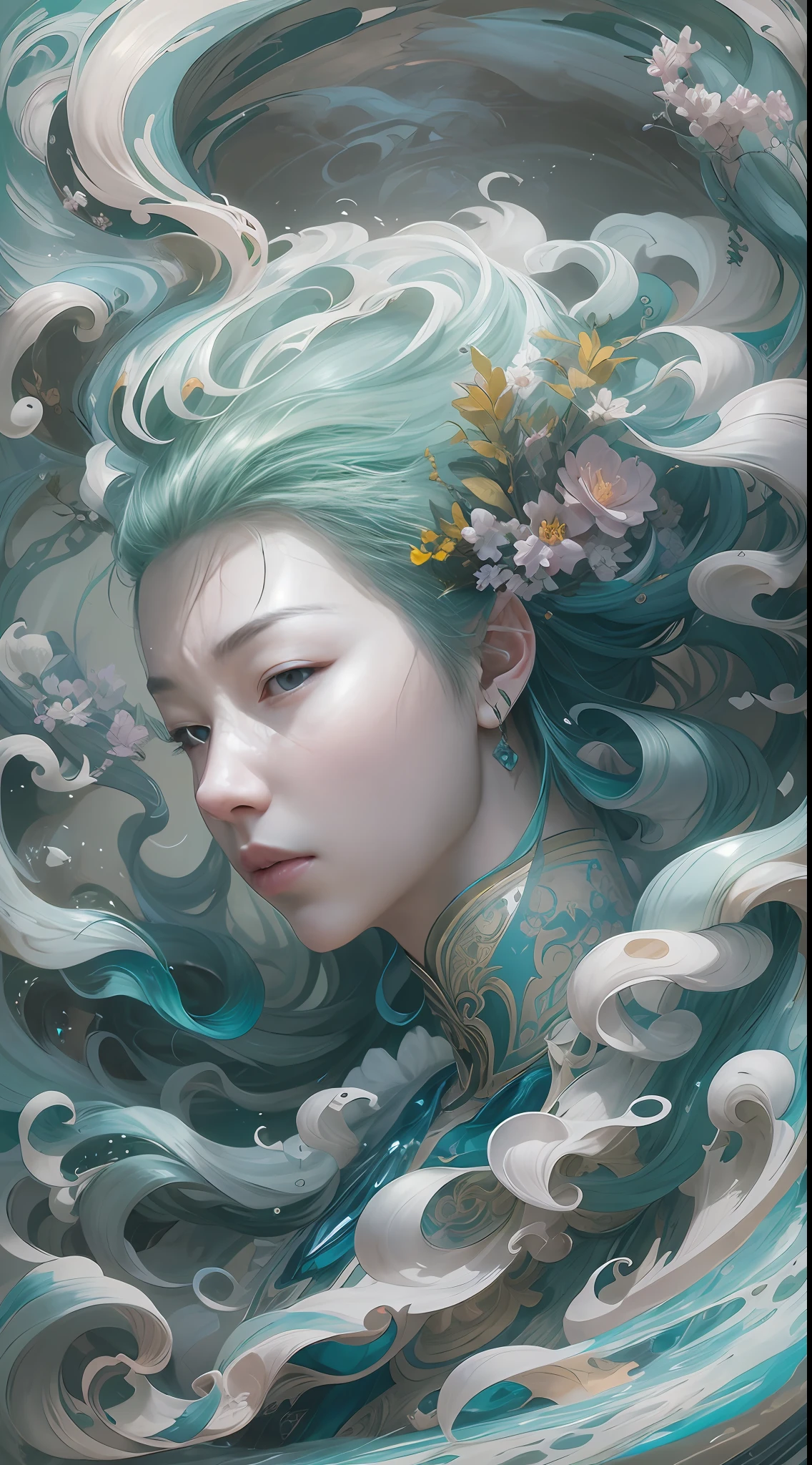 surrealism, conceptual art, classicism, back lit lighting, full bloom, Optical illusion, Wide-angle, Eye level shots, projected inset, hyper HD, Masterpiece, Textured skin, Super detail, High quality, Award-Awarded，Blue and white porcelain beauty，Green Swirl Soul, ornate and flowing, author：Tan Yang Kano,Ellen Jewett, Beeple e James Jean, author：Wen Boren, james jean and wlop, Chinese art, author：Ren Renfa, yanjun cheng, Thomas Villatte is intricate