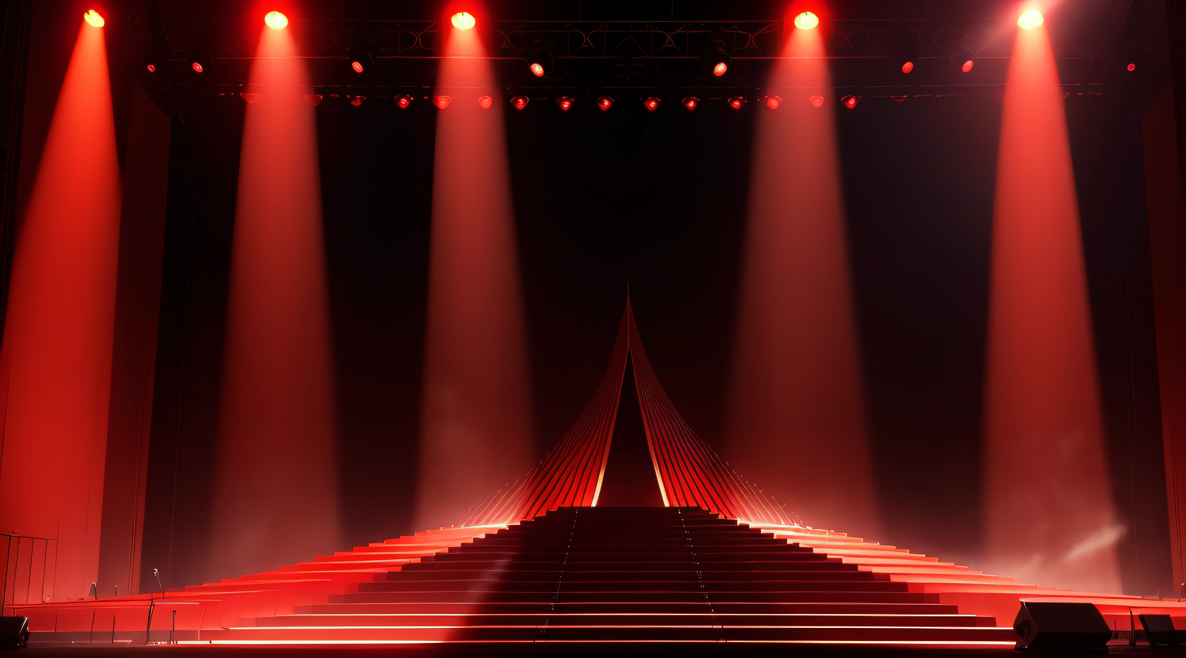 palco de um grande local de shows, futurista, bem iluminado, chique, de bom gosto, cortina vermelha aberta, foto-realista, Lighting with a tendency to red and gold. super detalhado.