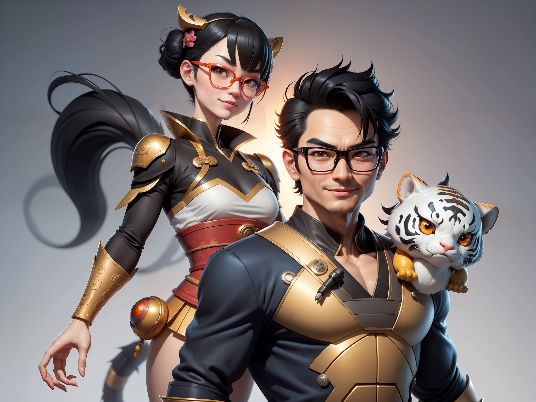 (Masterpiece), (Excellent), (Super Meticulous), (Full Body: 1.2), Super Young Man with Japanese Female Geisha, Pretty, Beautiful, Chinese Dragon, Tiger, Wind God Thor, Sexy, Bursting, Oriental Face, TV Anchor, Bust Portrait Illustration, Black Suit, Blue Tie, Slightly Chubby Face, Silver Glasses, Very Clean Face, No Beard on Chin, Black Super Short Hair, Black Eyes, Confident Smile, 3c Computer Sub-Products, iPad, iPhone, Digital Painting, 3D character design by Mark Clairedon and Pixar and Hayao Miyazaki and Akira Toriyama, the illustrations are HD illustrations in 4K resolution with highly detailed facial features and cartoon-style visuals.