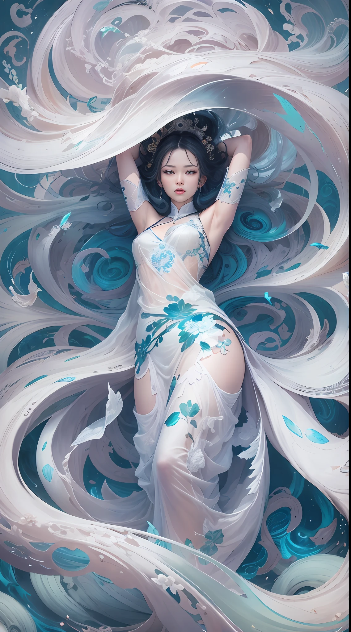 surrealism, conceptual art, classicism, back lit lighting, full bloom, Optical illusion, Wide-angle, Eye level shots, projected inset, hyper HD, Masterpiece, Textured skin, Super detail, High quality, Award-Awarded，Blue and white porcelain beauty，Green Swirl Soul, ornate and flowing, author：Tan Yang Kano,Ellen Jewett, Beeple e James Jean, author：Wen Boren, james jean and wlop, Chinese art, author：Ren Renfa, yanjun cheng, Thomas Villatte is intricate