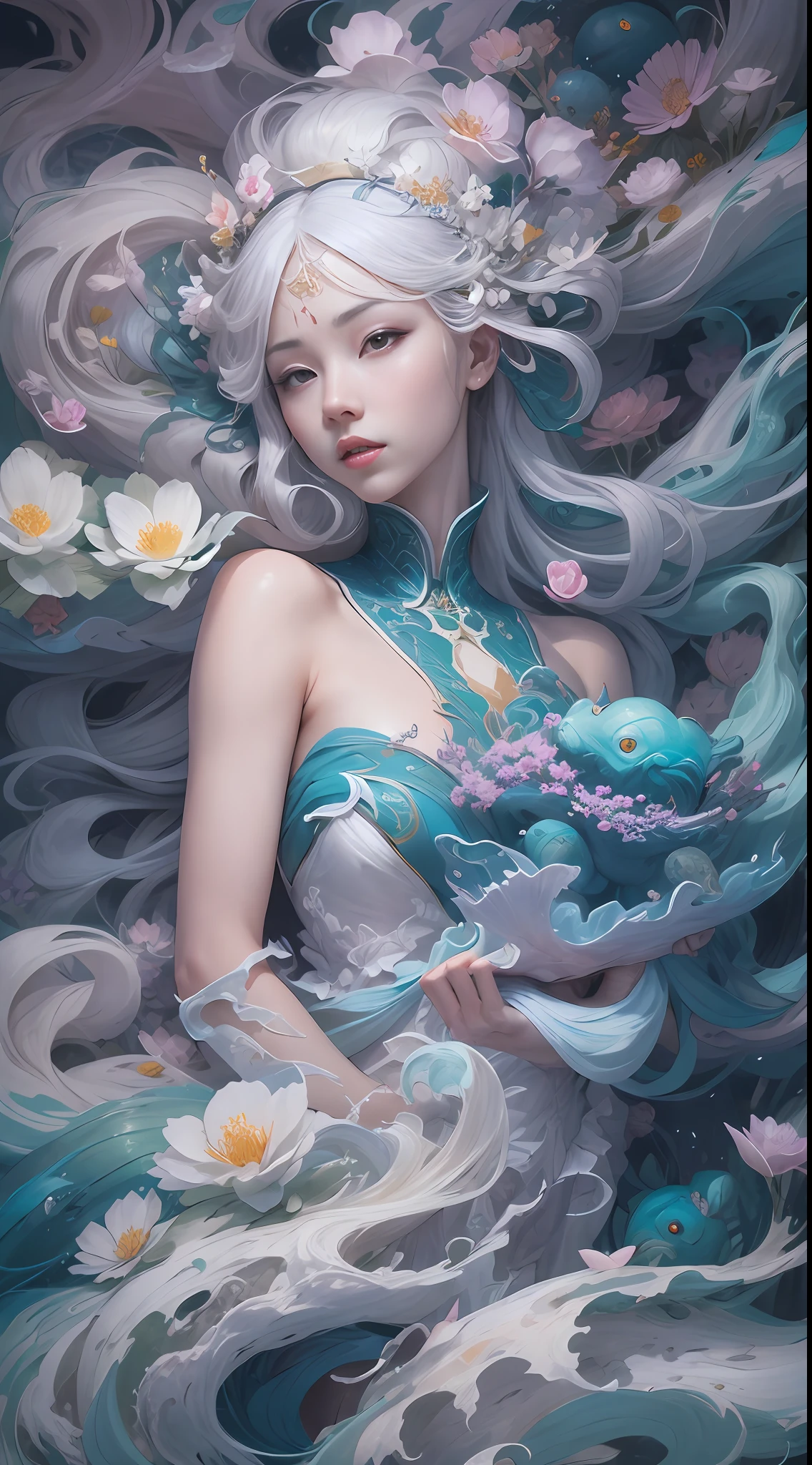 surrealism, conceptual art, classicism, back lit lighting, full bloom, Optical illusion, Wide-angle, Eye level shots, projected inset, hyper HD, Masterpiece, Textured skin, Super detail, High quality, Award-Awarded，Blue and white porcelain beauty，Green Swirl Soul, ornate and flowing, author：Tan Yang Kano,Ellen Jewett, Beeple e James Jean, author：Wen Boren, james jean and wlop, Chinese art, author：Ren Renfa, yanjun cheng, Thomas Villatte is intricate