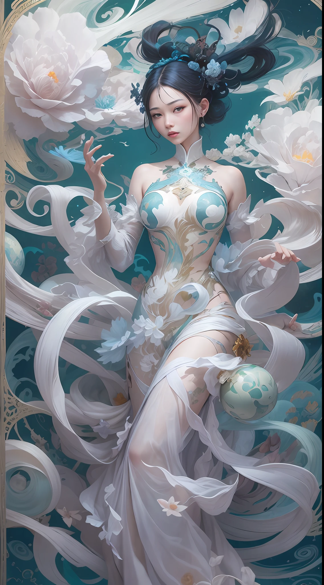 surrealism, conceptual art, classicism, back lit lighting, full bloom, Optical illusion, Wide-angle, Eye level shots, projected inset, hyper HD, Masterpiece, Textured skin, Super detail, High quality, Award-Awarded，Blue and white porcelain beauty，Green Swirl Soul, ornate and flowing, author：Tan Yang Kano,Ellen Jewett, Beeple e James Jean, author：Wen Boren, james jean and wlop, Chinese art, author：Ren Renfa, yanjun cheng, Thomas Villatte is intricate