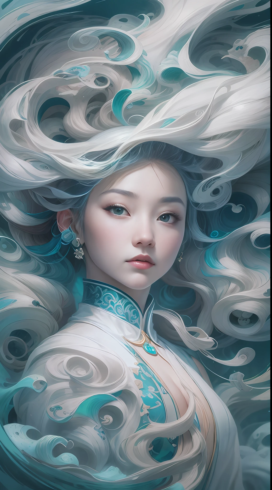 surrealism, conceptual art, classicism, back lit lighting, full bloom, Optical illusion, Wide-angle, Eye level shots, projected inset, hyper HD, Masterpiece, Textured skin, Super detail, High quality, Award-Awarded,Blue and white porcelain beauty,Green Swirl Soul, ornate and flowing, author:Tan Yang Kano,Ellen Jewett, Beeple e James Jean, author:Wen Boren, james jean and wlop, Chinese art, author:Ren Renfa, yanjun cheng, Thomas Villatte is intricate