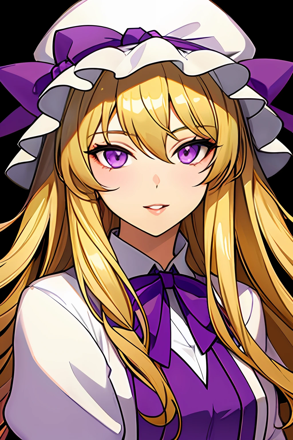 1girl, solo, hat, yakumo yukari, blonde hair, purple eyes, ribbon, white background, hat ribbon, mob cap, parted lips, looking at viewer, sidelocks, lips, hair up, smile, tabard, long hair, upper body, dress, portrait, white dress,saburou,(mature female:1.16), art, anime