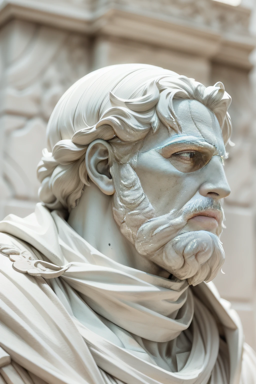 estatua close em rosto esculpido em marmore branco de deus grego feroz, ultra detalhada, rosto perfeito, sem deformidade , deus da guerra grego
