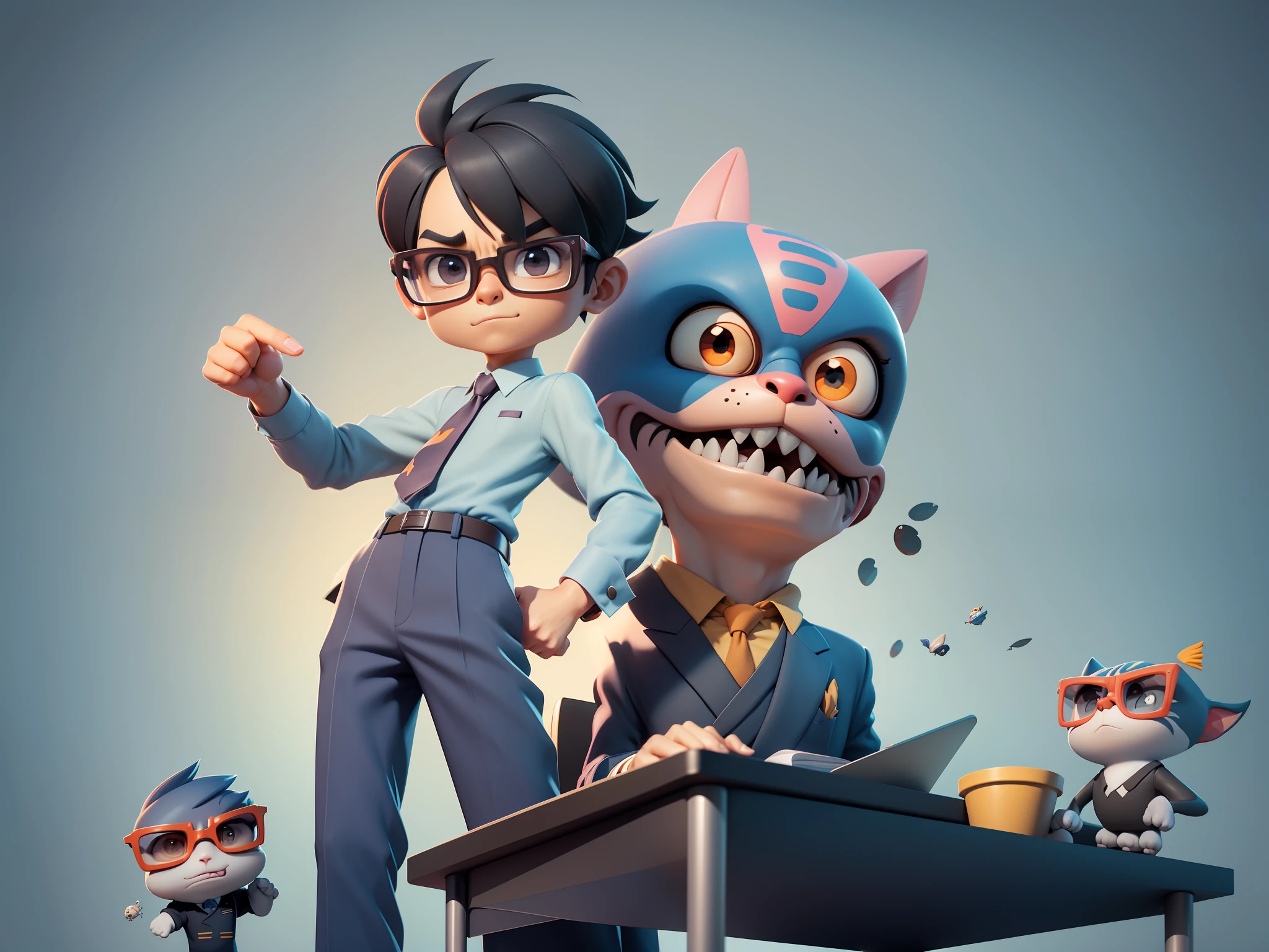 A young man in a suit, Short hair and glasses sat at his desk，holding laptop，digitial painting，tigre，3D character design by Mark Clairen and Pixar and Hayao Miyazaki and Akira Toriyama，4K HD illustration，Very detailed facial features and cartoon-style visuals。