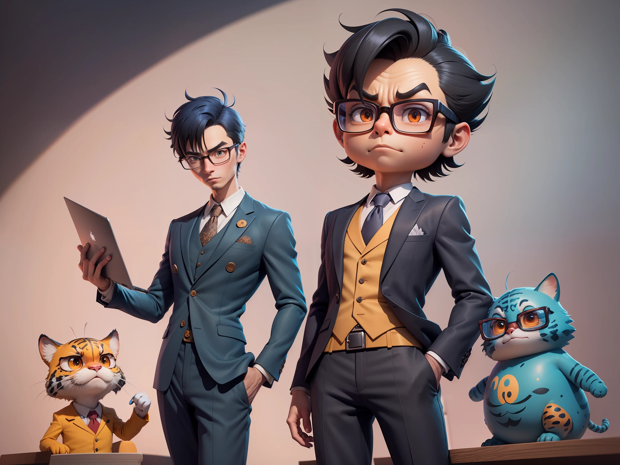 A young man in a suit and pants, Short hair and glasses sat at his desk,holding laptop,digitial painting,tigre,3D character design by Mark Clairen and Pixar and Hayao Miyazaki and Akira Toriyama,4K HD illustration,Very detailed facial features and cartoon-style visuals。