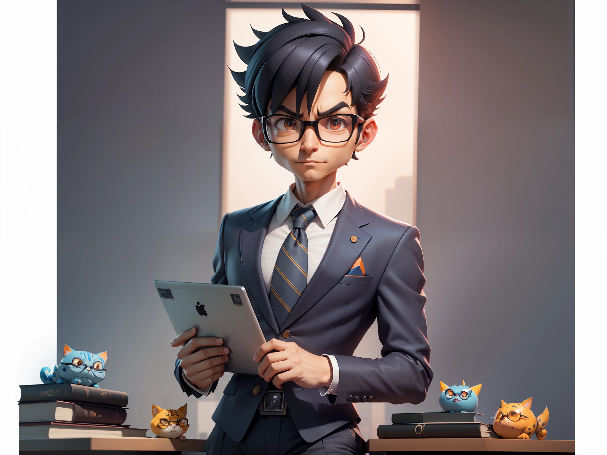 A young man in a suit and pants, Short hair and glasses sat at his desk，holding laptop，digitial painting，tigre，3D character design by Mark Clairen and Pixar and Hayao Miyazaki and Akira Toriyama，4K HD illustration，Very detailed facial features and cartoon-style visuals。