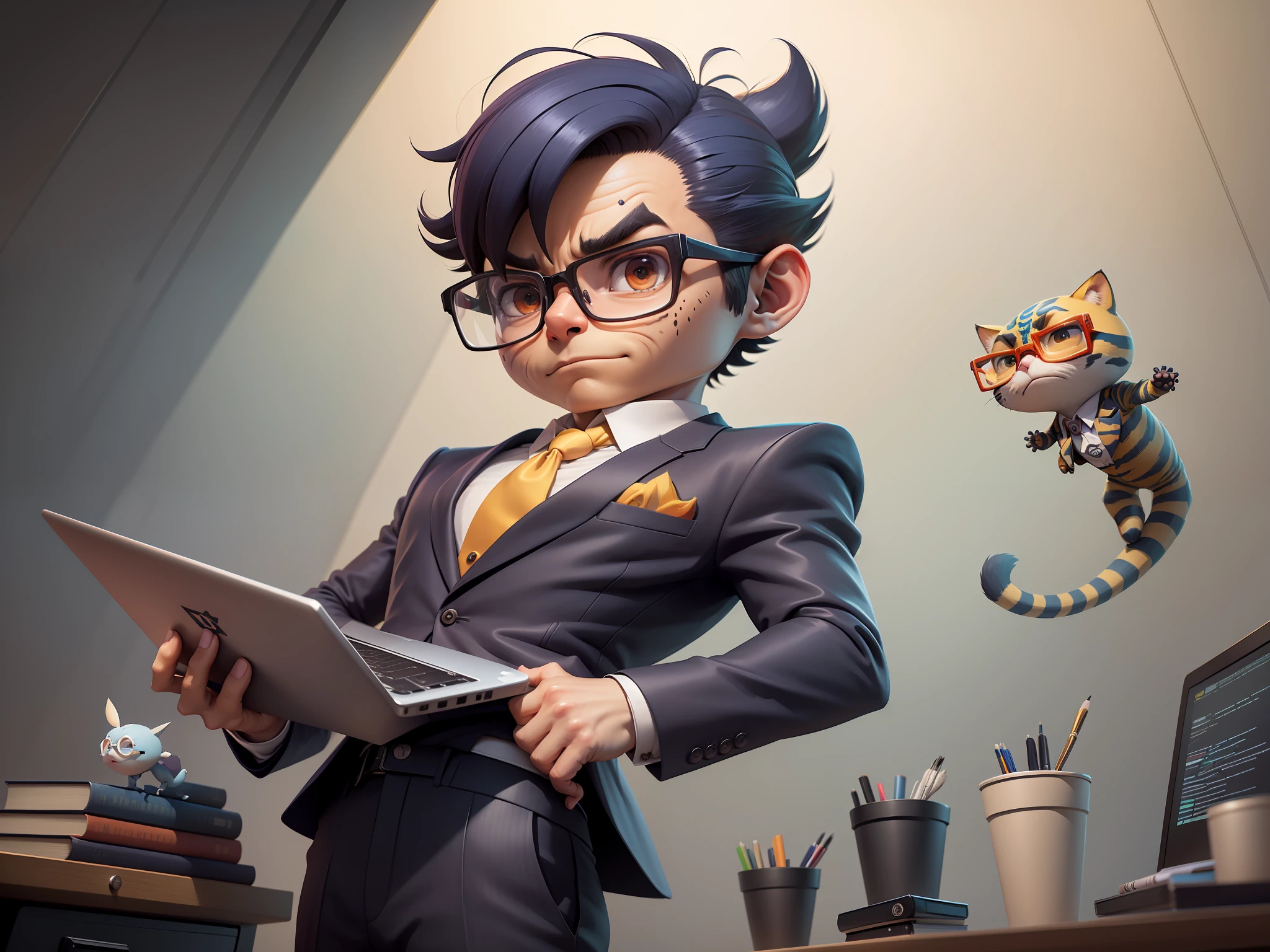 A young man in a suit and pants, Short hair and glasses sat at his desk，holding laptop，digitial painting，tigre，3D character design by Mark Clairen and Pixar and Hayao Miyazaki and Akira Toriyama，4K HD illustration，Very detailed facial features and cartoon-style visuals。