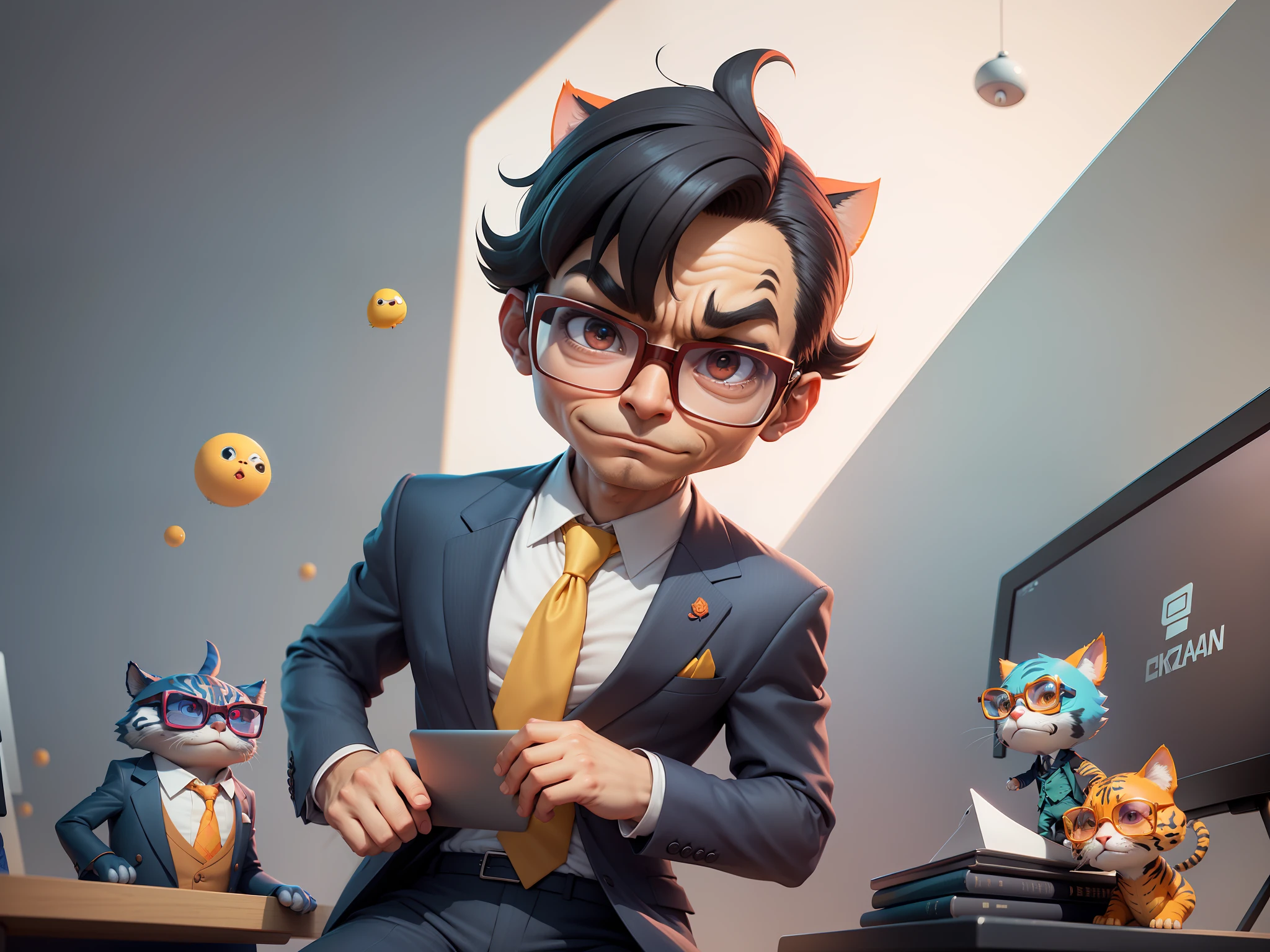 A young man in a suit and pants, Short hair and glasses sat at his desk,holding laptop,digitial painting,tigre,3D character design by Mark Clairen and Pixar and Hayao Miyazaki and Akira Toriyama,4K HD illustration,Very detailed facial features and cartoon-style visuals。