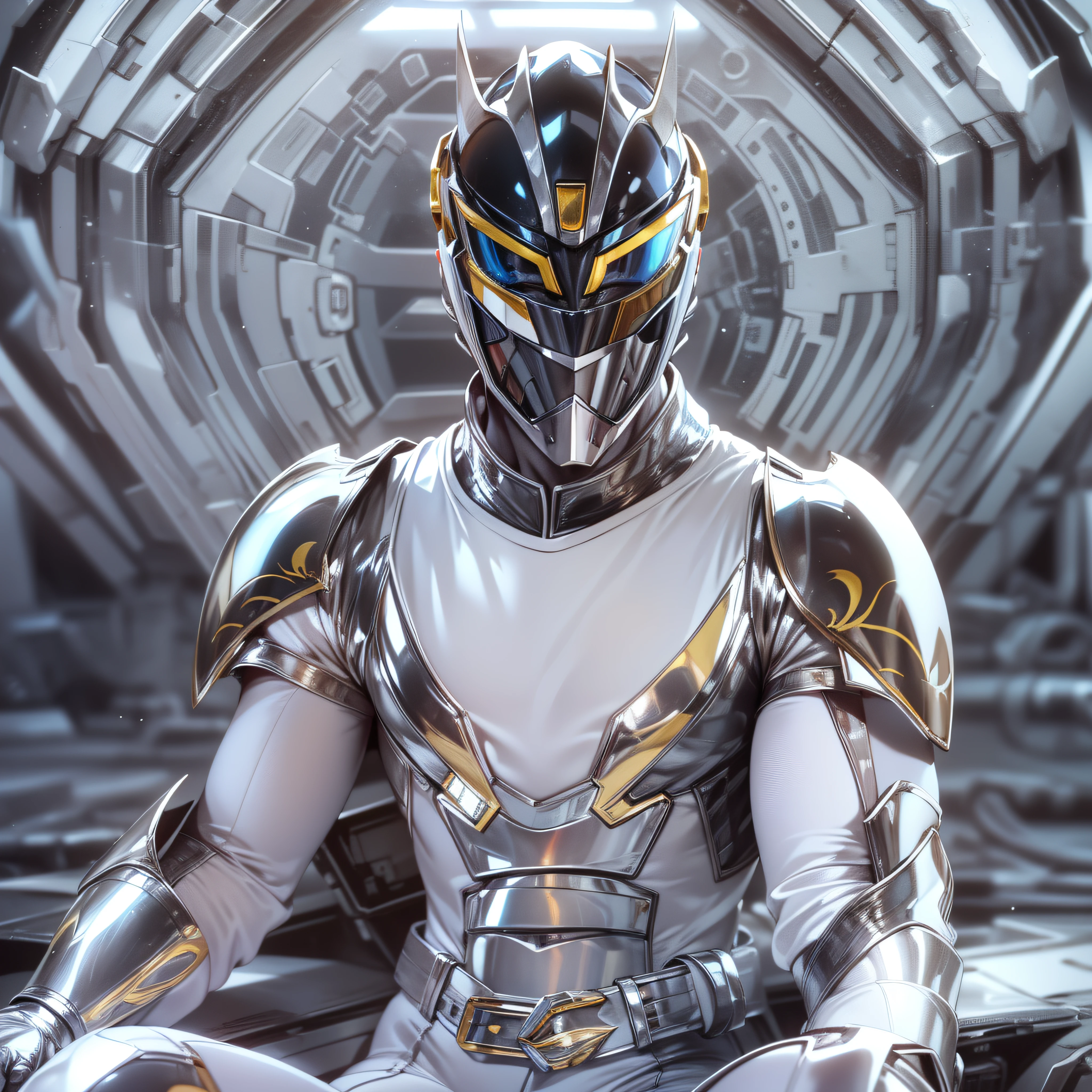 1man, masterpiece,best quality, masterpiece, high detail,detailed face,detailed eyes,rendered eyes,perfect eyes,hip lines,ambient occlusion,crisp image,detailed,amazing,8k,8k wallpaper,8k background,high detailed skin,high res, ((male shot)), (running), megazord, mecha, (sitting in megazord cockpit) ((solo)), (silver chrome male Power Ranger), (((silver chrome armor, silver chrome Fox helmet, silver chrome bodysuit, white belt, black eyes, white gloves))), (((white boots))), gold chrome armor, white gloves, silver chrome bodysuit, vambraces, photo-realistic, ultra-realistic, unreal engine,