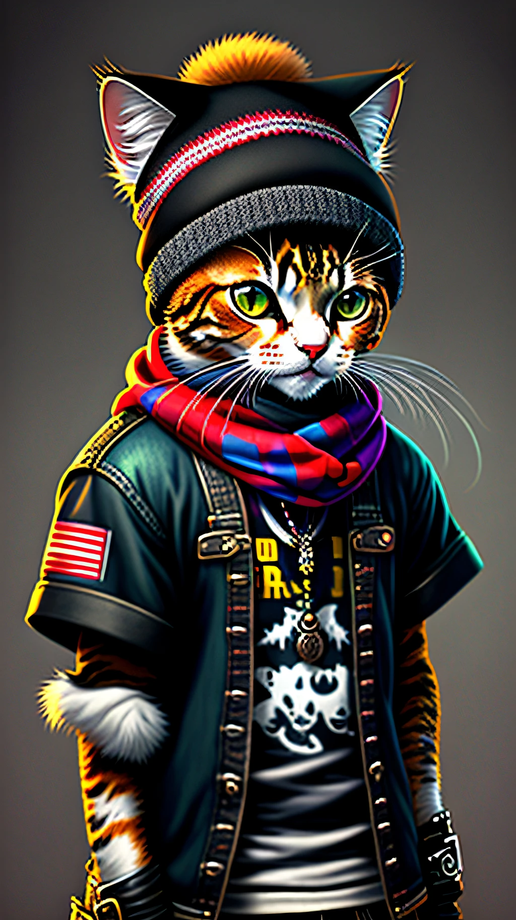 image of a cat with hat and scarf, art station trend, dressed in punk clothes, hyper realistic detailed rendering, british gang member, urban style, intimidating pose, planet of cats, fashionable clothes, urban samurai, meow, west slavic traits, circular design, shirt design