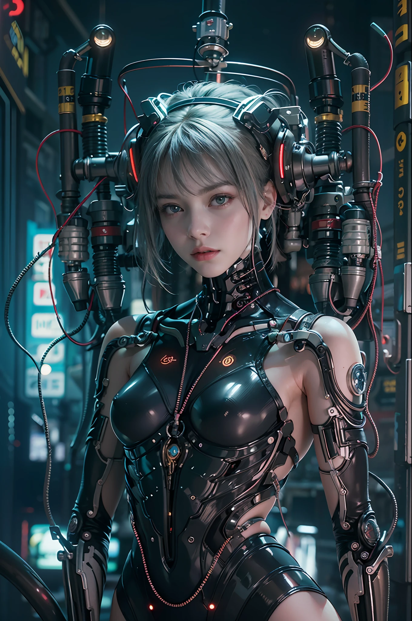 Top Quality, Masterpiece, Ultra High Resolution, ((Photorealistic: 1.4), Raw Photo, 1 cyberpunk android Girl, Glossy Skin, (Ultra Realistic Details)), mechanical limbs, tubes connected to the mechanical parts, mechanical vertebrae attached to the spine, mechanical cervical attachment to the neck, wires and cables connecting to the head, Evangelion, ((Ghost in the Shell)), small glowing LED lamps, global lighting, deep shadows, Octane Rendering, 8K, Ultra Sharp, Metal, Intricate Ornament Details, baroque details, Very intricate details, realistic light, CGSoation trend, facing the camera, neon details, (android manufactory in background), art by H.R. Giger and Alphonse Mucha.