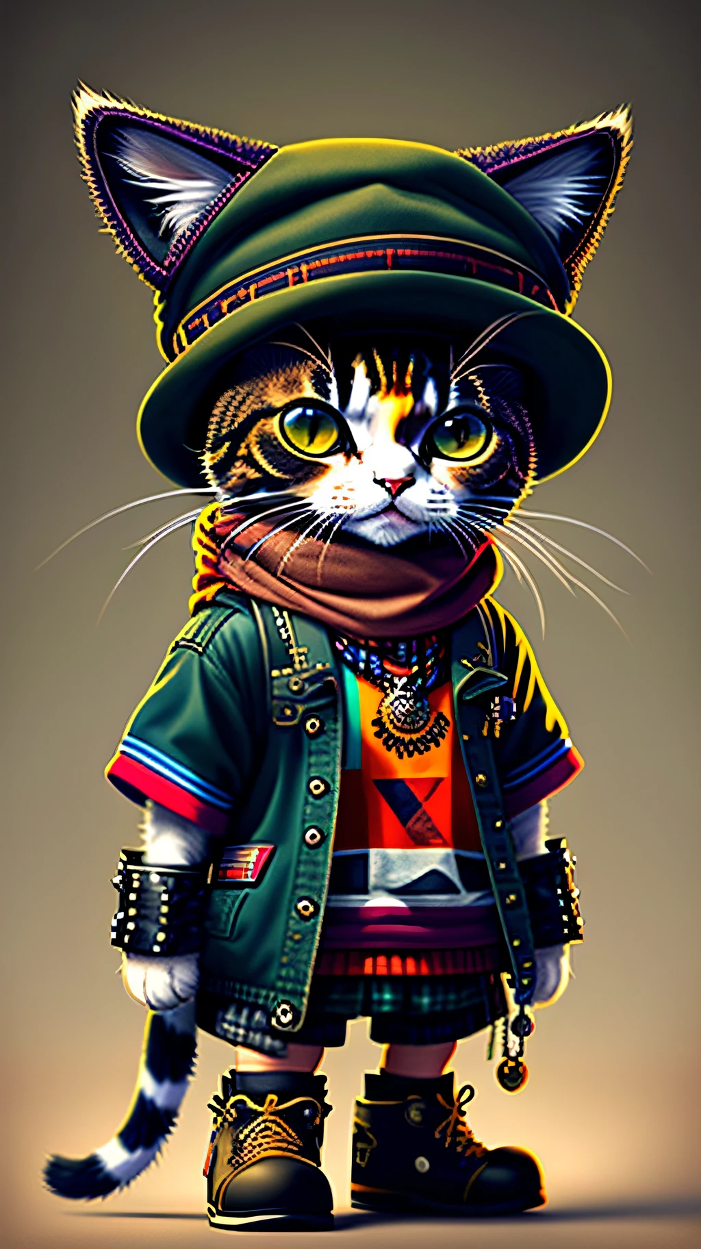 image of a cat with hat and scarf, art station trend, dressed in punk clothes, hyper realistic detailed rendering, british gang member, urban style, intimidating pose, planet of cats, fashionable clothes, urban samurai, meow, west slavic traits, circular design, shirt design