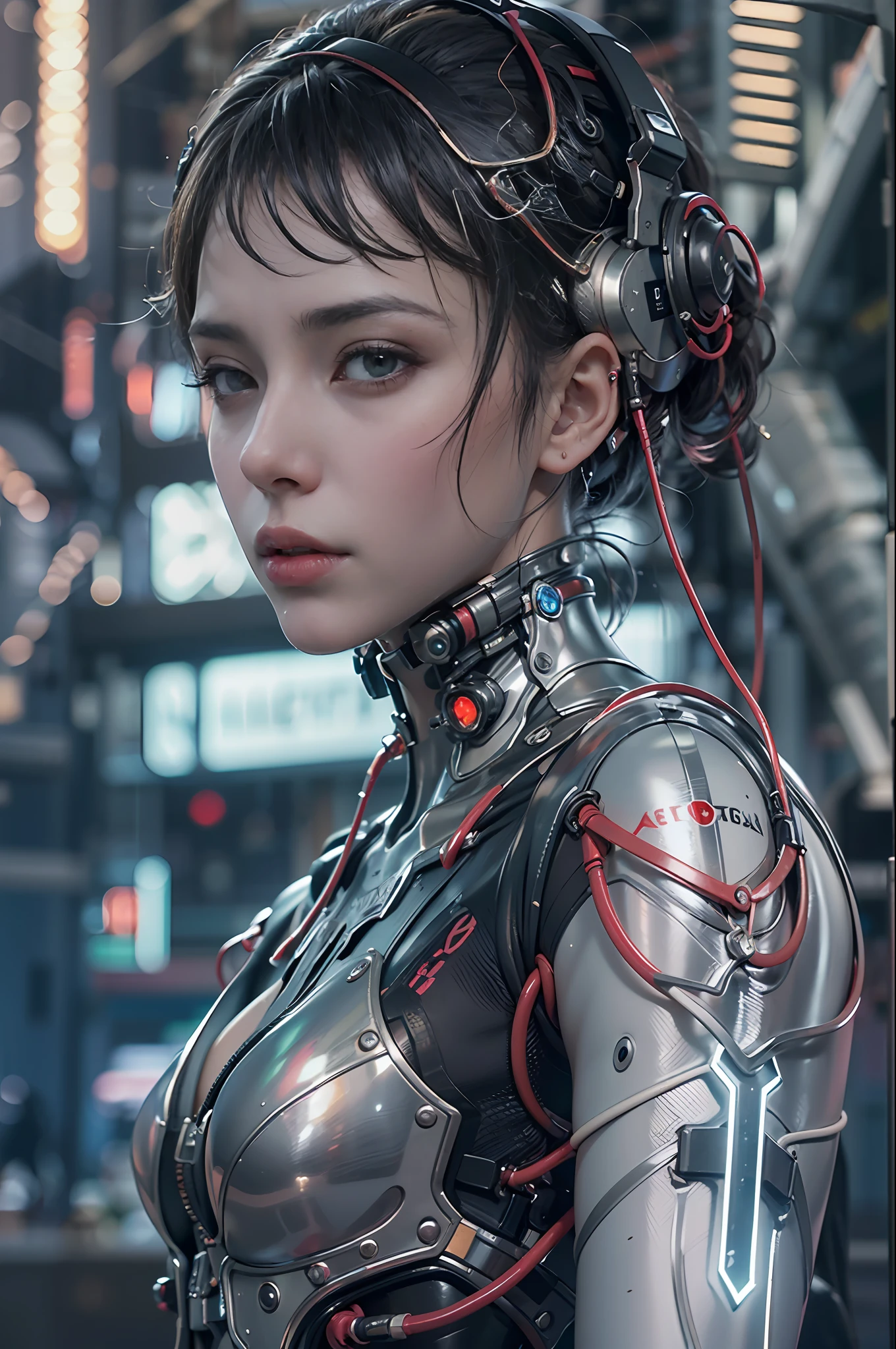 Top Quality, Masterpiece, Ultra High Resolution, ((Photorealistic: 1.4), Raw Photo, 1 cyberpunk android Girl, Glossy Skin, (Ultra Realistic Details)), mechanical limbs, tubes connected to the mechanical parts, mechanical vertebrae attached to the spine, mechanical cervical attachment to the neck, wires and cables connecting to the head, Evangelion, ((Ghost in the Shell)), small glowing LED lamps, global lighting, deep shadows, Octane Rendering, 8K, Ultra Sharp, Metal, Intricate Ornament Details, baroque details, Very intricate details, realistic light, CGSoation trend, facing the camera, neon details, (android manufactory in background), art by H.R. Giger and Alphonse Mucha.