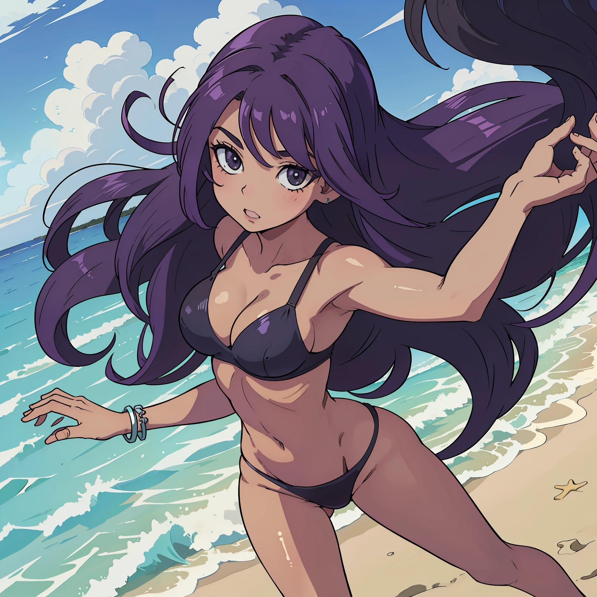 Mulher sexy, cabelo enrolado roxo, cor de pele escura, peituda semi nua, corpo molhado, Anime style beach scenery, anime, dark skin