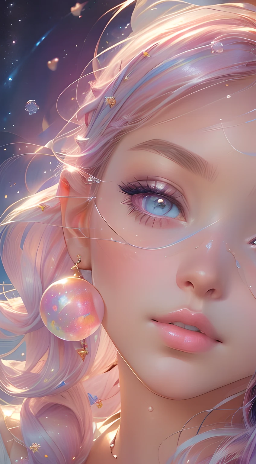 ((masterpiece)). This artwork is sweet, pink, dreamy and ethereal, with ((soft pink watercolor hues and candy accents)). Generate a proud magical woman exploring a (((bubblegum world)) with a wide variety of (pastel shades). The woman's sweet face is ((((highly detailed, with realistic features and soft, puffy lips.)))) Include mature features and stunning, highly realistic eyes. Her eyes are important and should be realistic, highly detailed, and beautiful. In high definition and detail, include lots of details like stars, galaxies, colorful bubbles, colorful petals, and lots of energy and emotion! The stars and colorful bubblegum bubbles are important! Include fantasy details, enhanced details, iridescence, colorful glittering wind, and pollen. Pay special attention to her face and make sure it is beautifully and realistically detailed. The image should be dreamy and ethereal.8k, intricate, elegant, highly detailed, majestic, digital photography