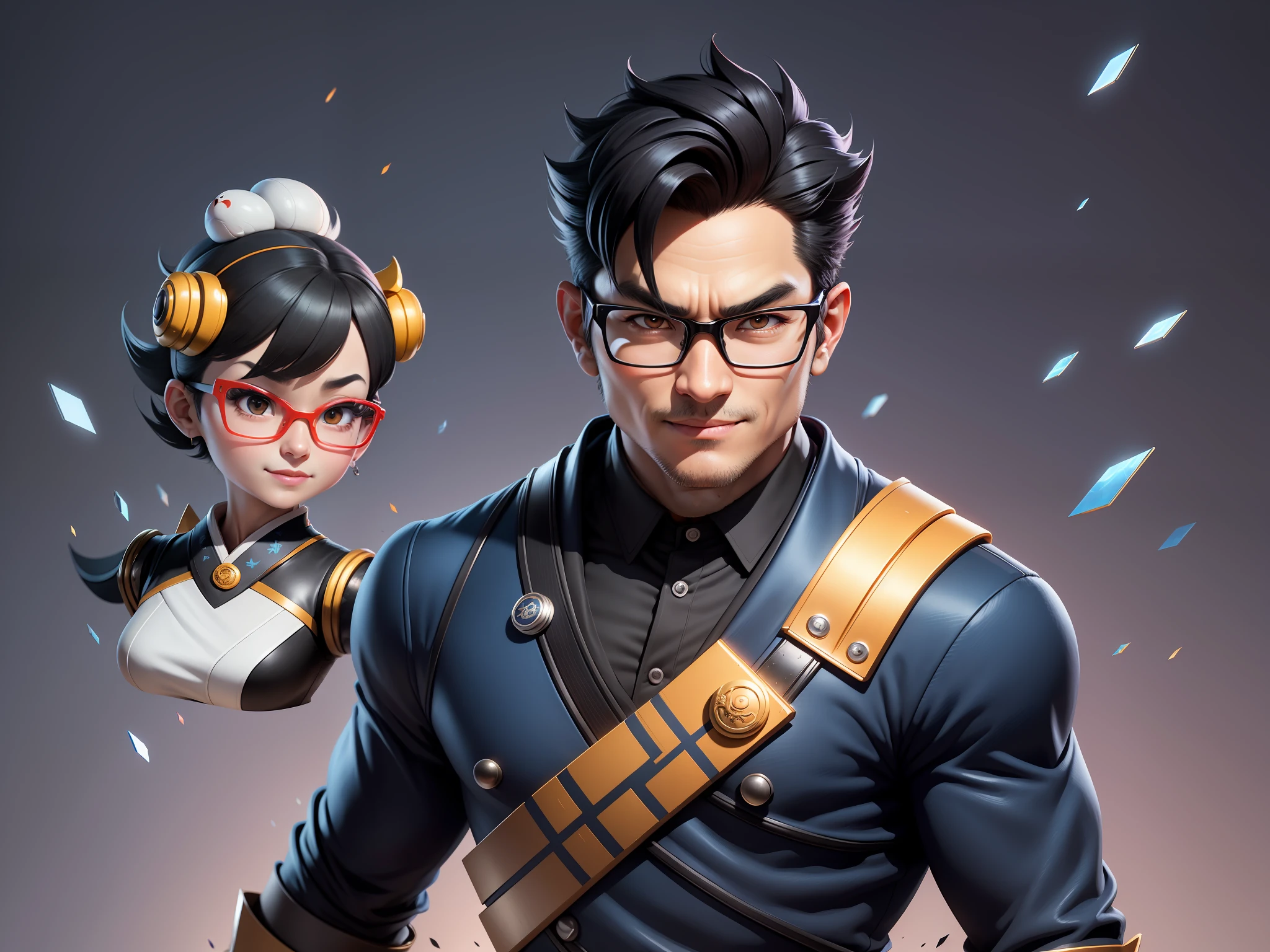 (Masterpiece), (Excellent), (Super Meticulous), (Full Body: 1.2), Super Young Man with Japanese Female Geisha, Pretty, Beautiful, Chinese Dragon, Tiger, Wind God Thor, Sexy, Bursting, Oriental Face, TV Anchor, Bust Portrait Illustration, Black Suit, Blue Tie, Slightly Chubby Face, Silver Glasses, Very Clean Face, No Beard on Chin, Black Super Short Hair, Black Eyes, Confident Smile, 3c Computer Sub-Products, iPad, iPhone, Digital Painting, 3D character design by Mark Clairedon and Pixar and Hayao Miyazaki and Akira Toriyama, the illustrations are HD illustrations in 4K resolution with highly detailed facial features and cartoon-style visuals.