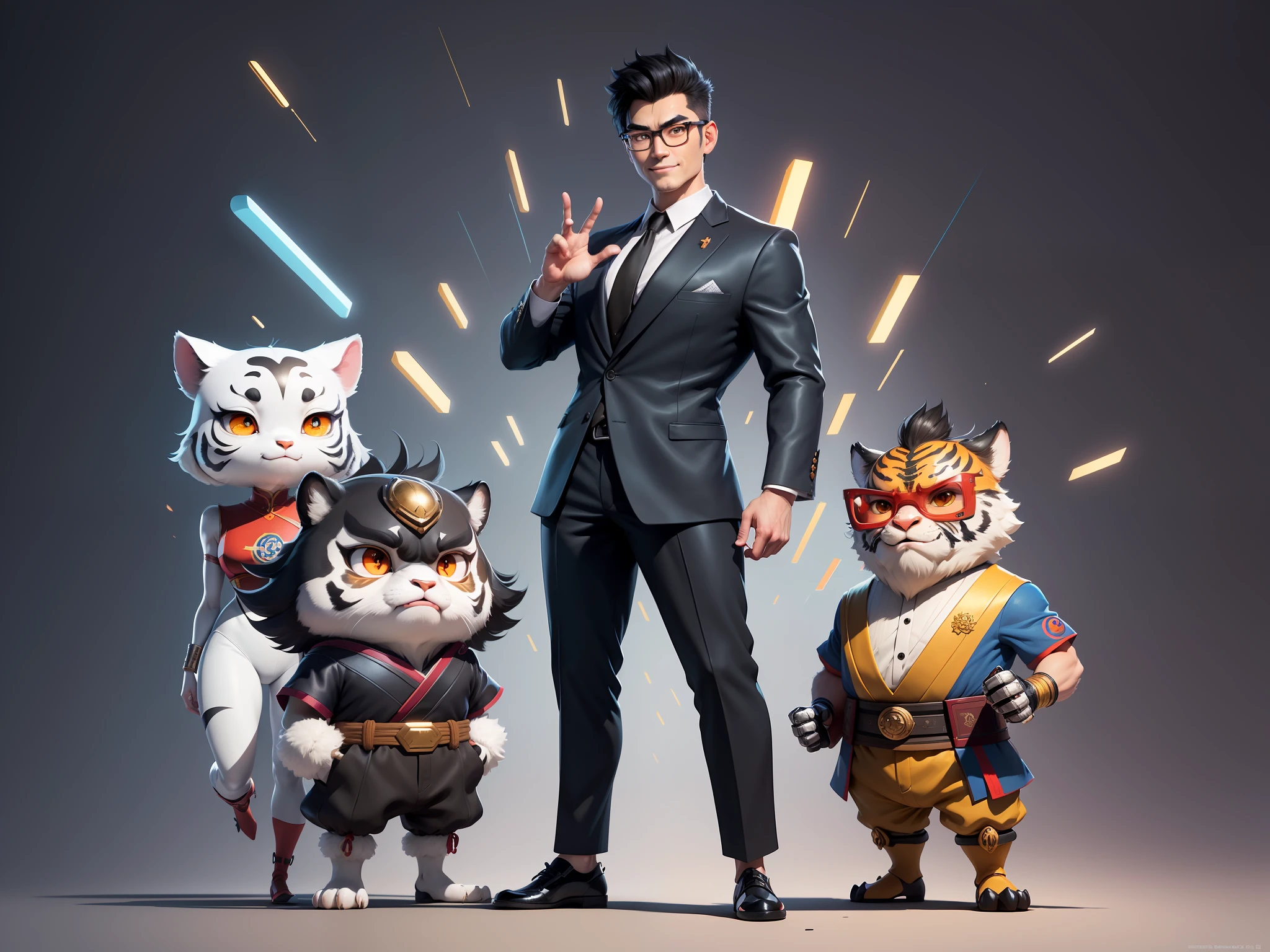 (Masterpiece), (Excellent), (Super Meticulous), (Full Body: 1.2), Super Young Man with Japanese Female Geisha, Pretty, Beautiful, Chinese Dragon, Tiger, Wind God Thor, Sexy, Bursting, Oriental Face, TV Anchor, Bust Portrait Illustration, Black Suit, Blue Tie, Slightly Chubby Face, Silver Glasses, Very Clean Face, No Beard on Chin, Black Super Short Hair, Black Eyes, Confident Smile, 3c Computer Sub-Products, iPad, iPhone, Digital Painting, 3D character design by Mark Clairedon and Pixar and Hayao Miyazaki and Akira Toriyama, the illustrations are HD illustrations in 4K resolution with highly detailed facial features and cartoon-style visuals.