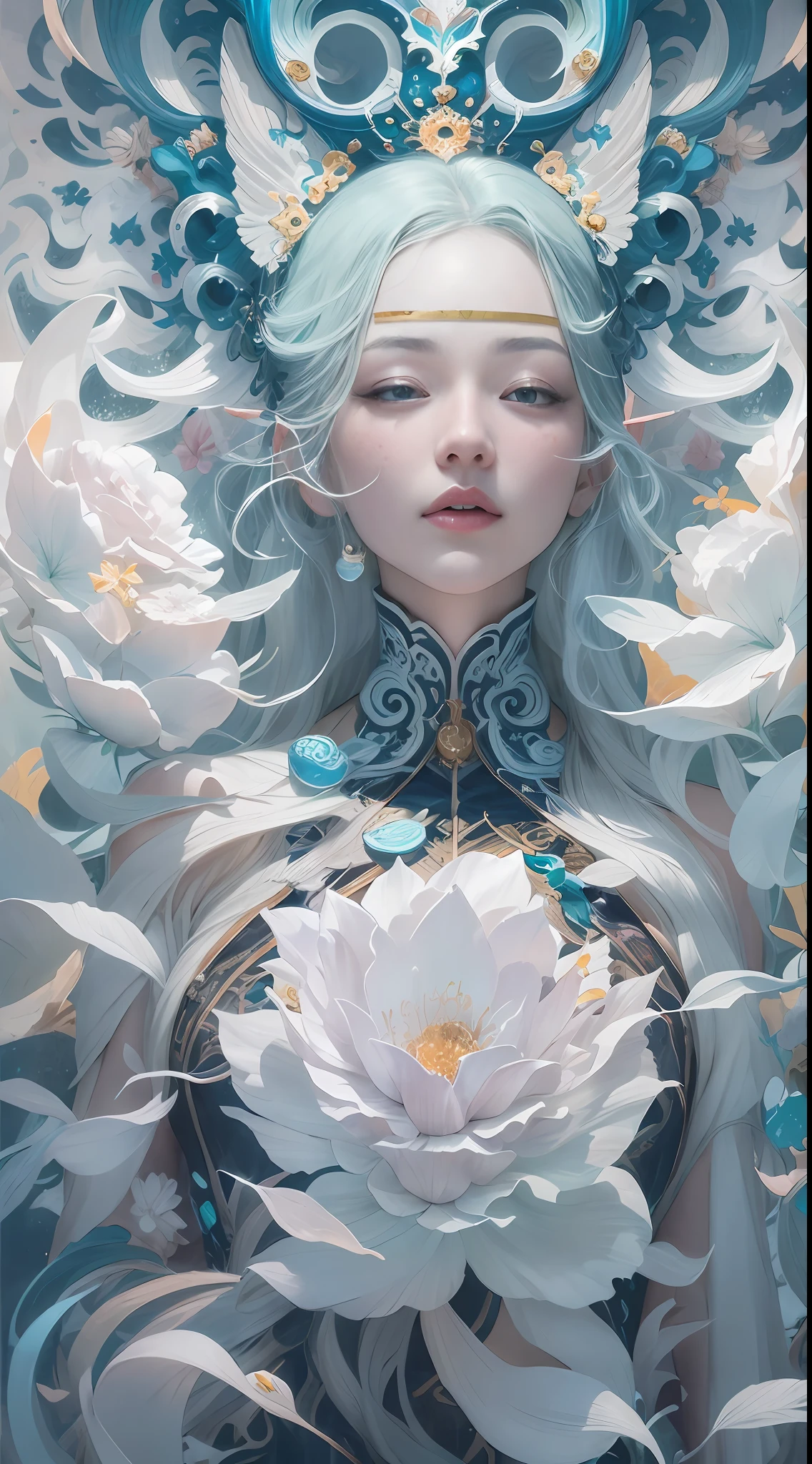 surrealism, conceptual art, classicism, back lit lighting, full bloom, Optical illusion, Wide-angle, Eye level shots, projected inset, hyper HD, Masterpiece, Textured skin, Super detail, High quality, Award-Awarded，Blue and white porcelain beauty，Green Swirl Soul, ornate and flowing, author：Tan Yang Kano,Ellen Jewett, Beeple e James Jean, author：Wen Boren, james jean and wlop, Chinese art, author：Ren Renfa, yanjun cheng, Thomas Villatte is intricate