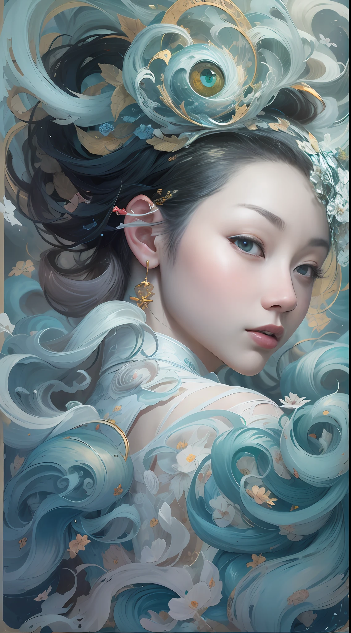 surrealism, conceptual art, classicism, back lit lighting, full bloom, Optical illusion, Wide-angle, Eye level shots, projected inset, hyper HD, Masterpiece, Textured skin, Super detail, High quality, Award-Awarded,Blue and white porcelain beauty,Green Swirl Soul, ornate and flowing, author:Tan Yang Kano,Ellen Jewett, Beeple e James Jean, author:Wen Boren, james jean and wlop, Chinese art, author:Ren Renfa, yanjun cheng, Thomas Villatte is intricate