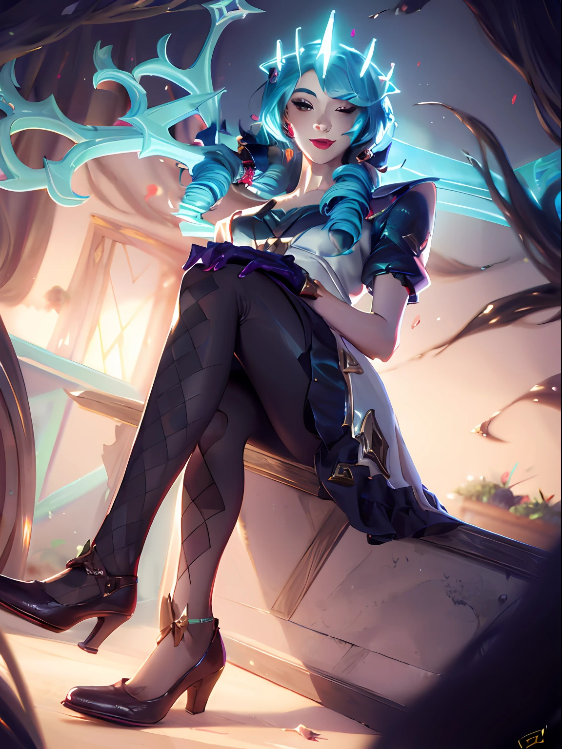 League of Legends Gwen, Wearing Viego''s crown, Viego's crown, Green Viego crown, Viego crown, 3 spiked Viego crown, 3 spiked glowing crown, glowing Viego crown, Viego headpieace, SFW, wink, winking, one eye closed, Gwen's dress, Gwen's outfit, Gwen's hair, Gwen's gloves, Gwen's shoes, Gwen's leggings, Blue hair, mouth closed, closed mouth smile, looking at viewer, 8k, official art, masterpiece, ultrasharp, blush, red blush, sitting down, legs crossed, crossed legs, right leg over left leg, full body