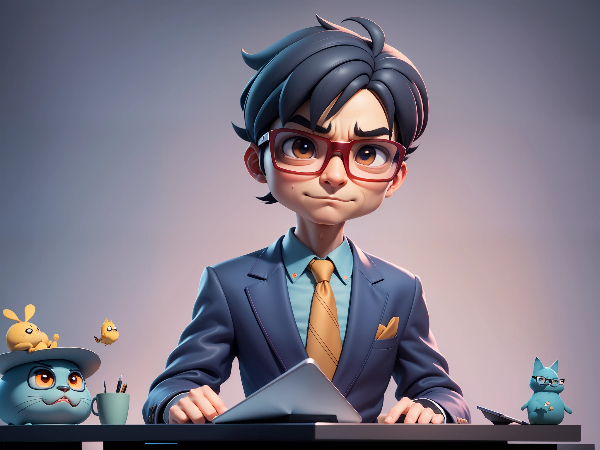 A young man in a suit, Short hair and glasses sat at his desk，holding laptop，digitial painting，tigre，3D character design by Mark Clairen and Pixar and Hayao Miyazaki and Akira Toriyama，4K HD illustration，Very detailed facial features and cartoon-style visuals。