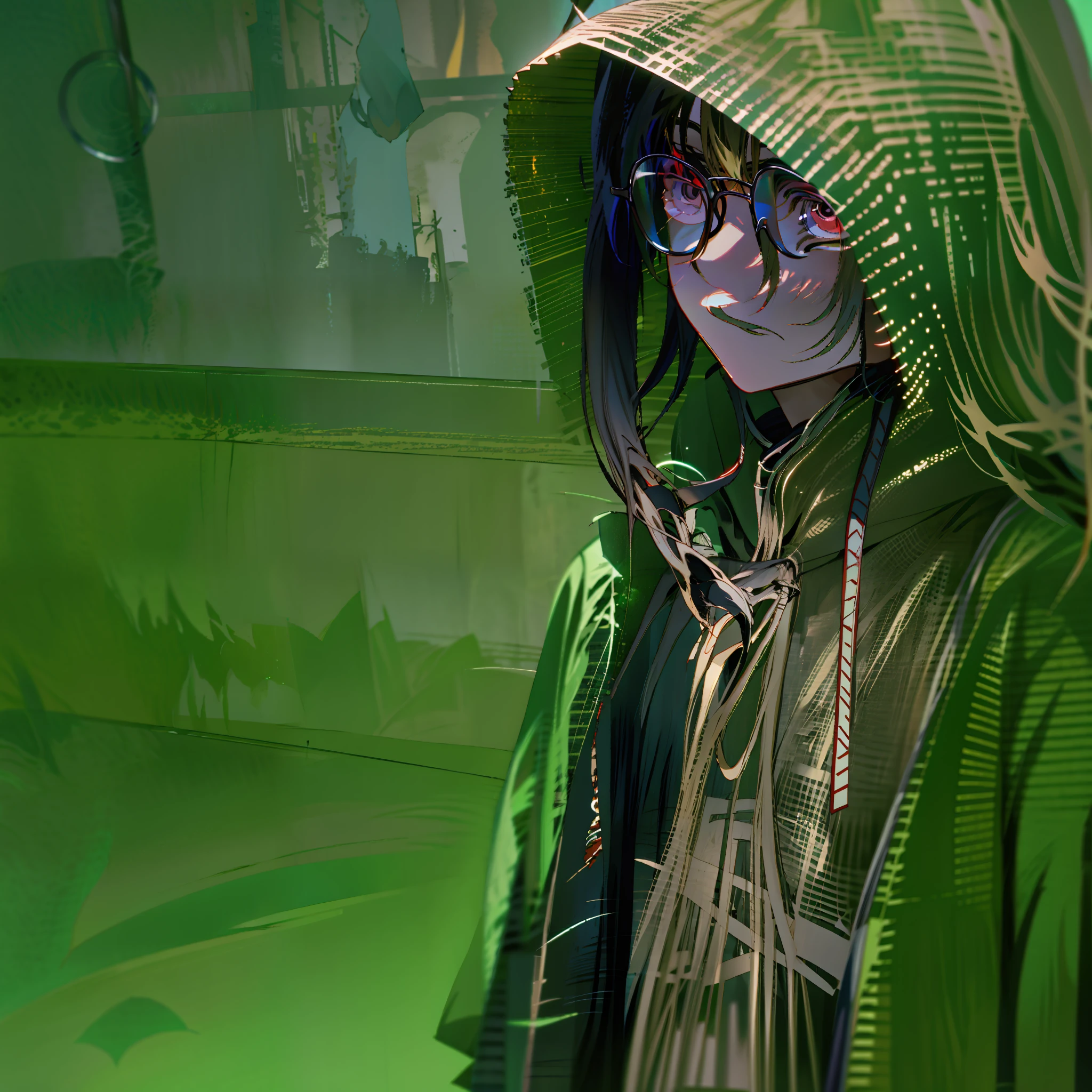 A little boy with a hood and glasses,Long hair hanging down the shoulders,wearing a trenchcoat,Images with a sense of mystery。