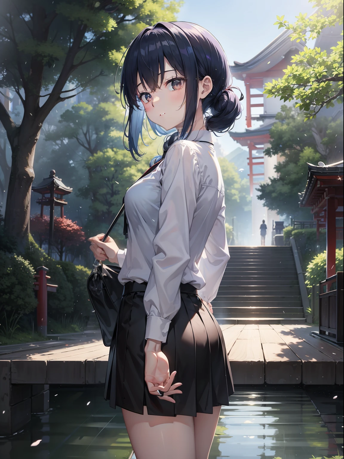 a beautiful female, walk on the stairs to the japanese shrine, looks back at the viewer, wearing suit shirt and skirt, after rainny, paddle of water, the cherry bolssom flutter from the top of the stairs, on the montain, long hair, gradient hair, blue hair, silver hair, black hair, first-person view, close-up, ray tracing, reflection light, anime style, masterpiece, high quality, anatomically correct, ccurate, super detail, UHD, HD