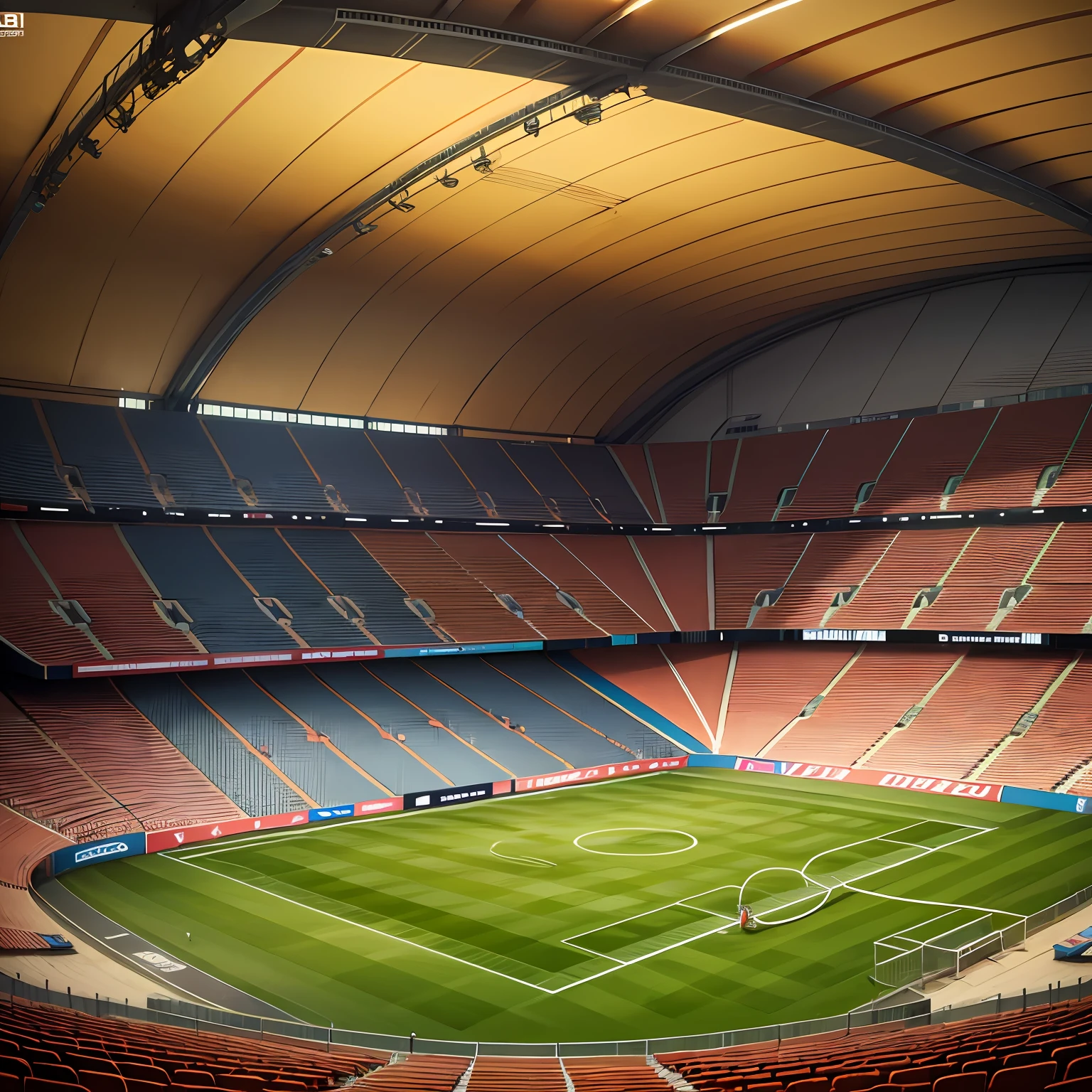 champions league football field wallpaper cartoon style, stands and ochre fans, 2d drawing line 2d --auto --s2