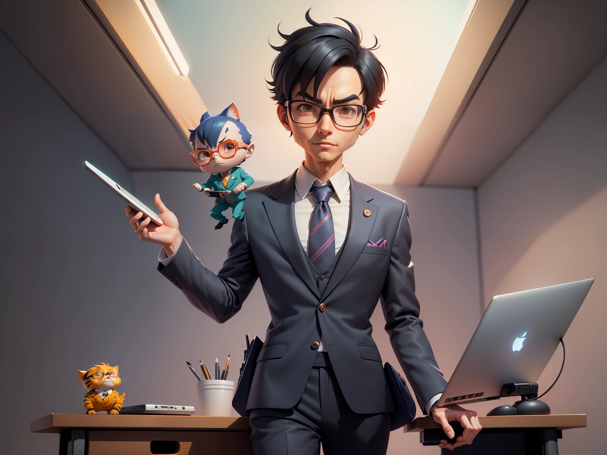 A young man in a suit and pants, Short hair and glasses sat at his desk,holding laptop,digitial painting,tigre,3D character design by Mark Clairen and Pixar and Hayao Miyazaki and Akira Toriyama,4K HD illustration,Very detailed facial features and cartoon-style visuals。