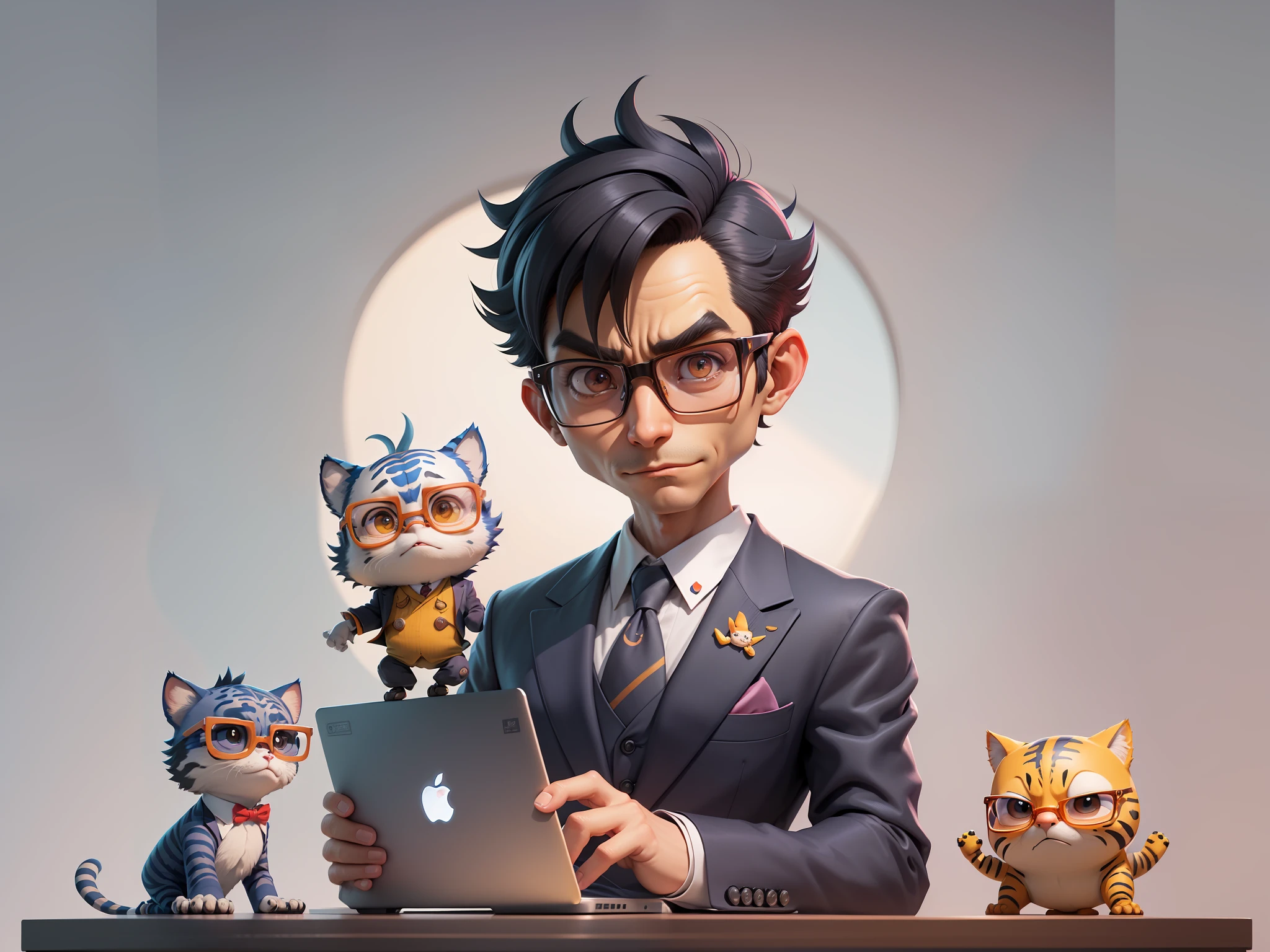 A young man in a suit and pants, Short hair and glasses sat at his desk,holding laptop,digitial painting,tigre,3D character design by Mark Clairen and Pixar and Hayao Miyazaki and Akira Toriyama,4K HD illustration,Very detailed facial features and cartoon-style visuals。