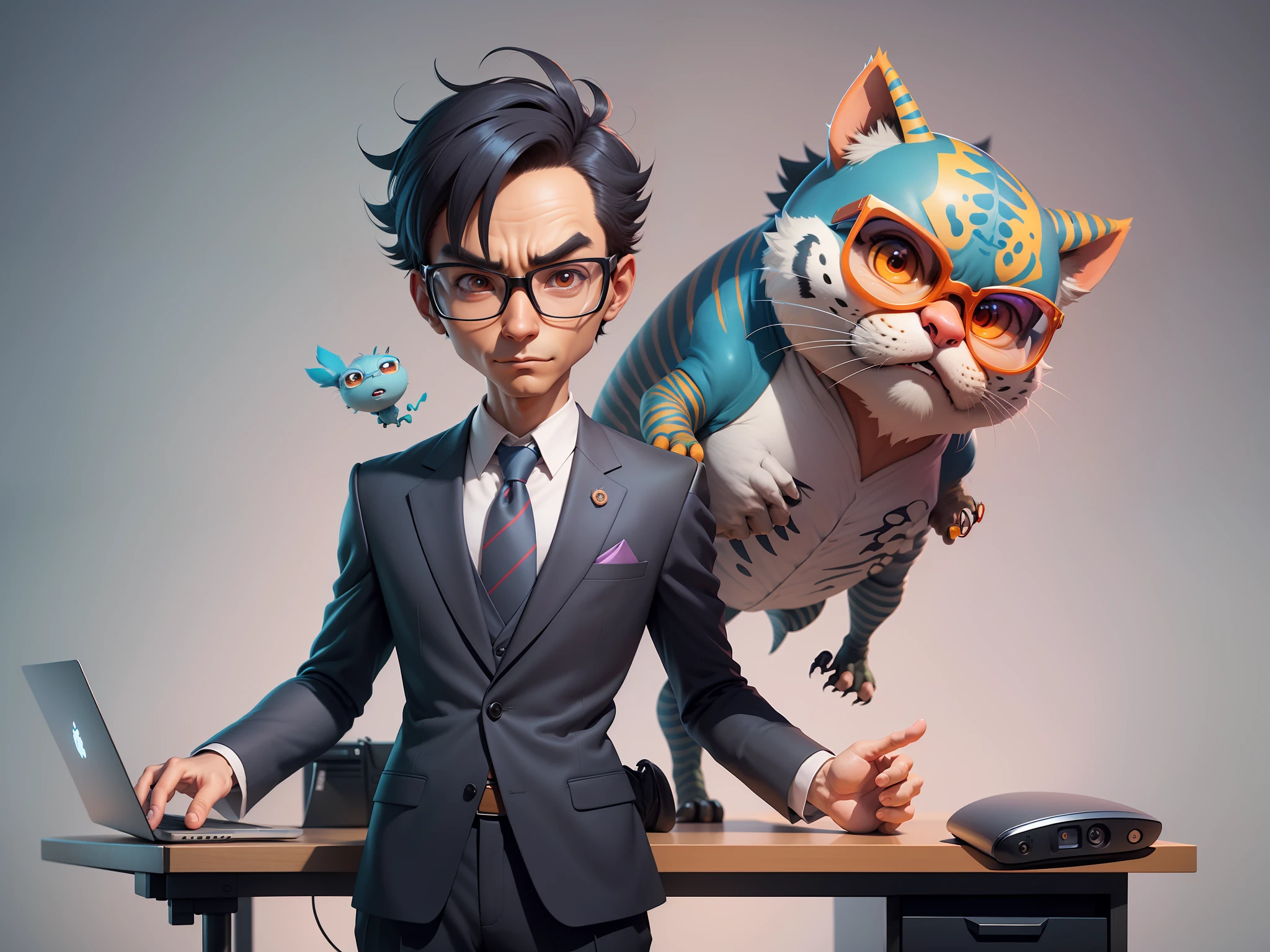 A young man in a suit and pants, Short hair and glasses sat at his desk,holding laptop,digitial painting,tigre,3D character design by Mark Clairen and Pixar and Hayao Miyazaki and Akira Toriyama,4K HD illustration,Very detailed facial features and cartoon-style visuals。