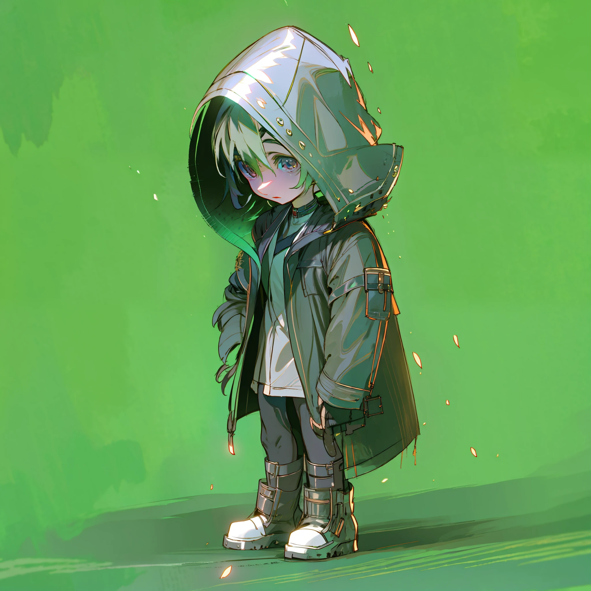 One wears a hood,A little boy with short and medium hair,Wear a mysterious trench coat,Flowing gray hair,It presents a unique two-dimensional feeling。