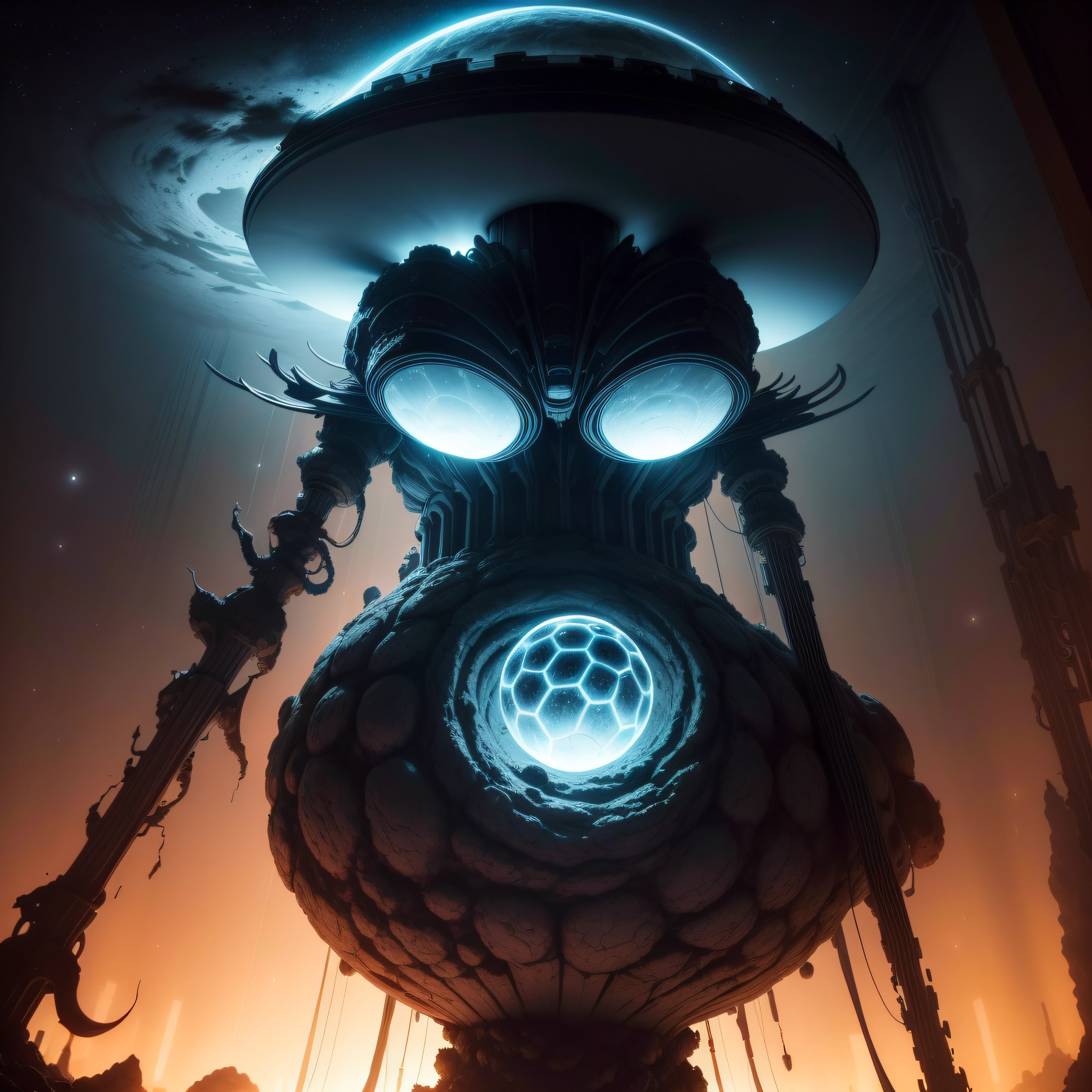 (extremadamente detallado, obra maestra, La mejor calidad), Estilo oscuro, Intense lighting, bacteriophage virus floating through space approaching a planet. Aesthetics 2001, una odisea en el espacio.