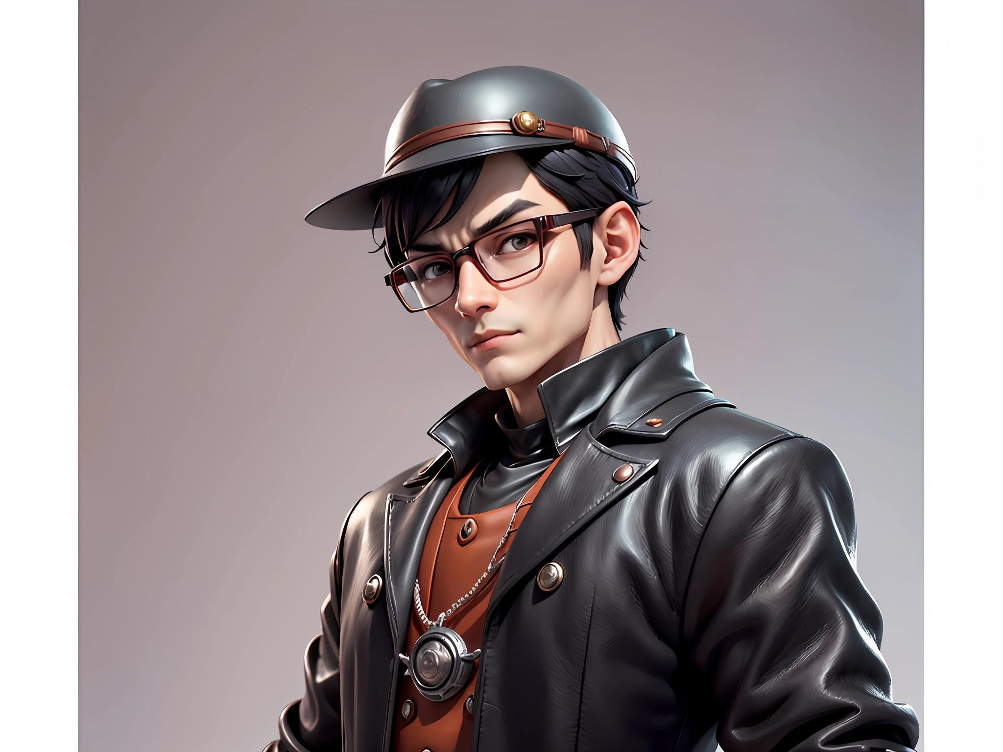 Young man with oriental face in leather hat, dragon, formal suit, short black hair, silver glasses, digital painting, 3D character design by Mark Clairedon and Pixar and Hayao Miyazaki and Akira Toriyama, the illustration is a high-definition illustration in 4K resolution with very detailed facial features and cartoon-style visuals.