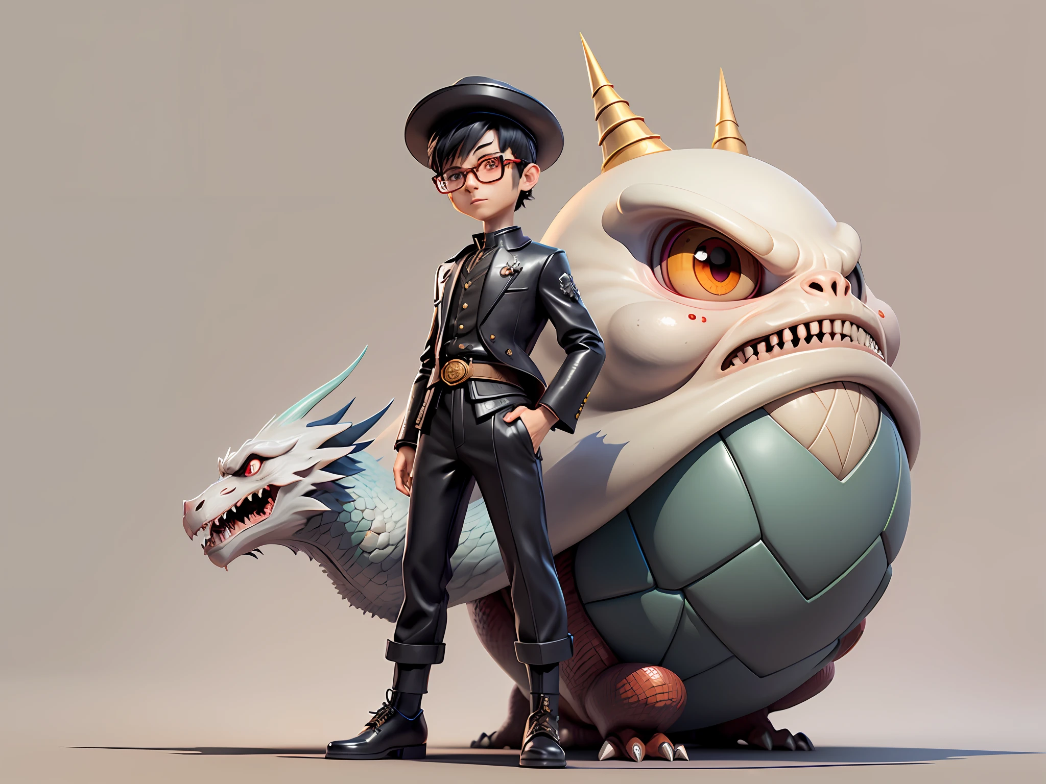 Young man with oriental face in leather hat, dragon, formal suit, short black hair, silver glasses, digital painting, 3D character design by Mark Clairedon and Pixar and Hayao Miyazaki and Akira Toriyama, the illustration is a high-definition illustration in 4K resolution with very detailed facial features and cartoon-style visuals.