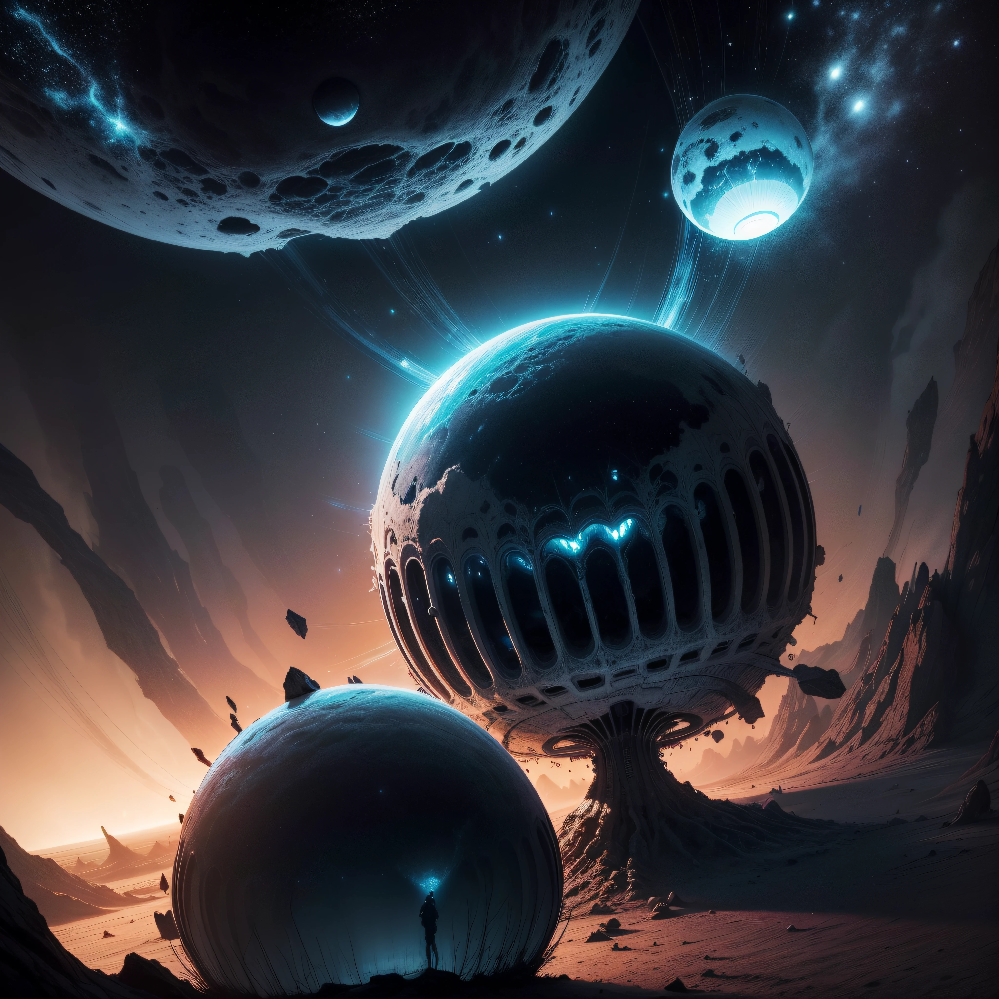 (extremadamente detallado, obra maestra, La mejor calidad), Estilo oscuro, Intense lighting, bacteriophage virus floating through space approaching a planet. Aesthetics 2001, una odisea en el espacio.