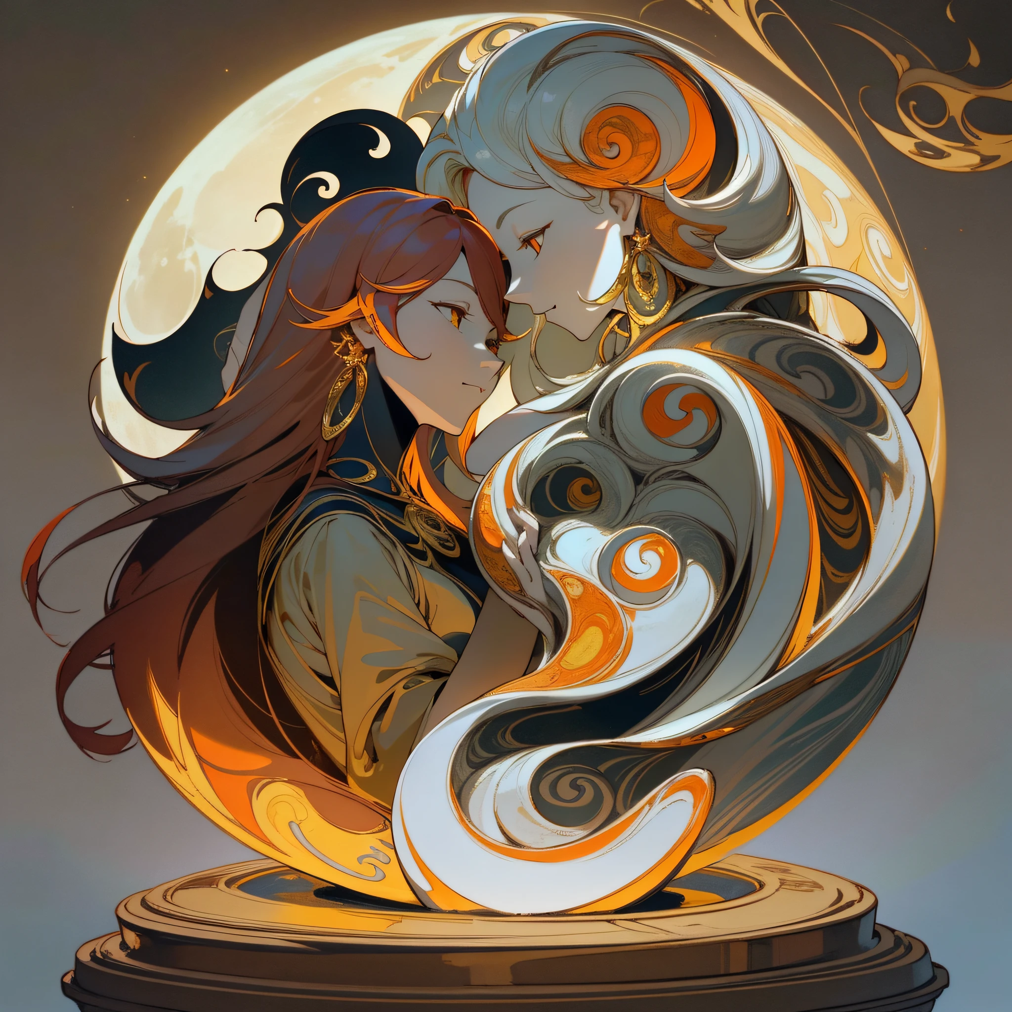 (maximum quality, exquisite design, better lighting, better shading), statue in the form of Yin Yang, under the moon and the sun, detailed and realistic details, intricate, carved in red and yellow marble (only the multicolored hair), shining with moonlight and sunlight, a perfect balance between light and dark, mystical and serene.