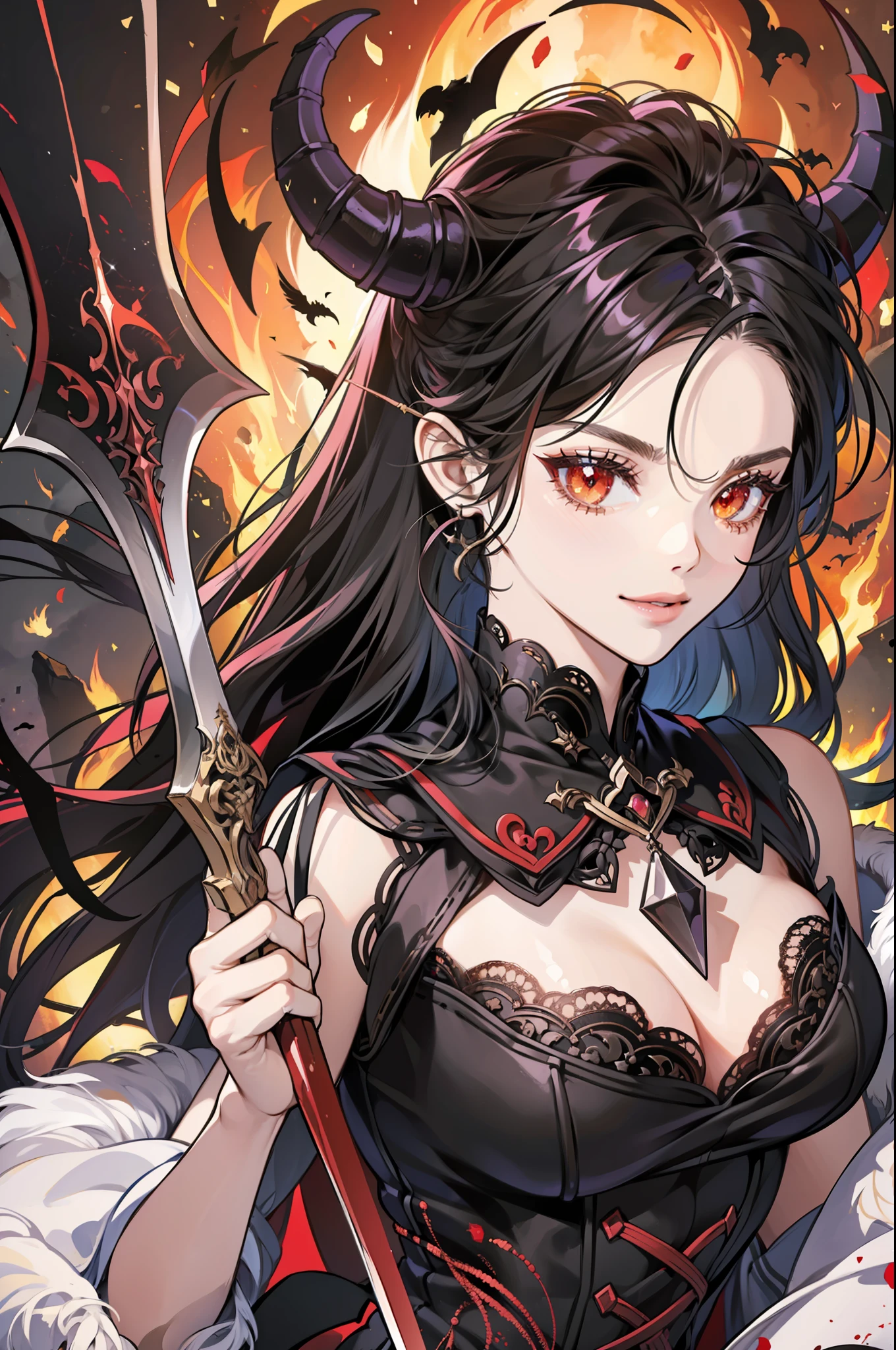 dark skin, black skin, ((holding a staff, or hell sword or scythe )), hellish ((messenger)), a charming girl with (long demonic horns), in the depths of hell,( fire and lava) background, they are in hell. the letter has a heart, she has a (devils tail) and a gothic robe, glowing red eyes, 4k, full of details, intricate, gentle, beautiful, creepy cute, evil, malefic smile, crazy expression, angry but smiling