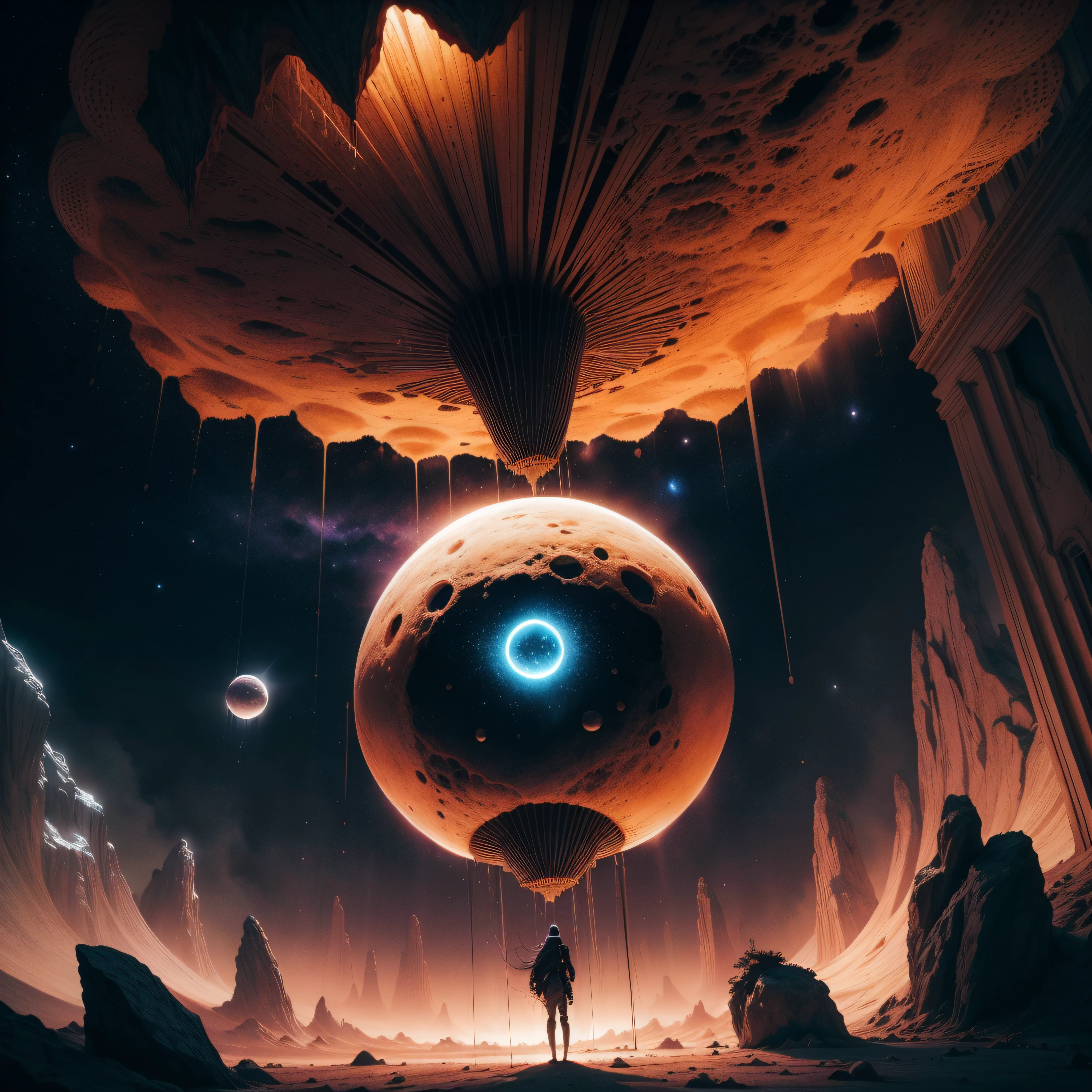 (extremadamente detallado, obra maestra, La mejor calidad), Estilo oscuro, Intense lighting, bacteriophage virus floating through space approaching a planet. Aesthetics 2001, una odisea en el espacio.