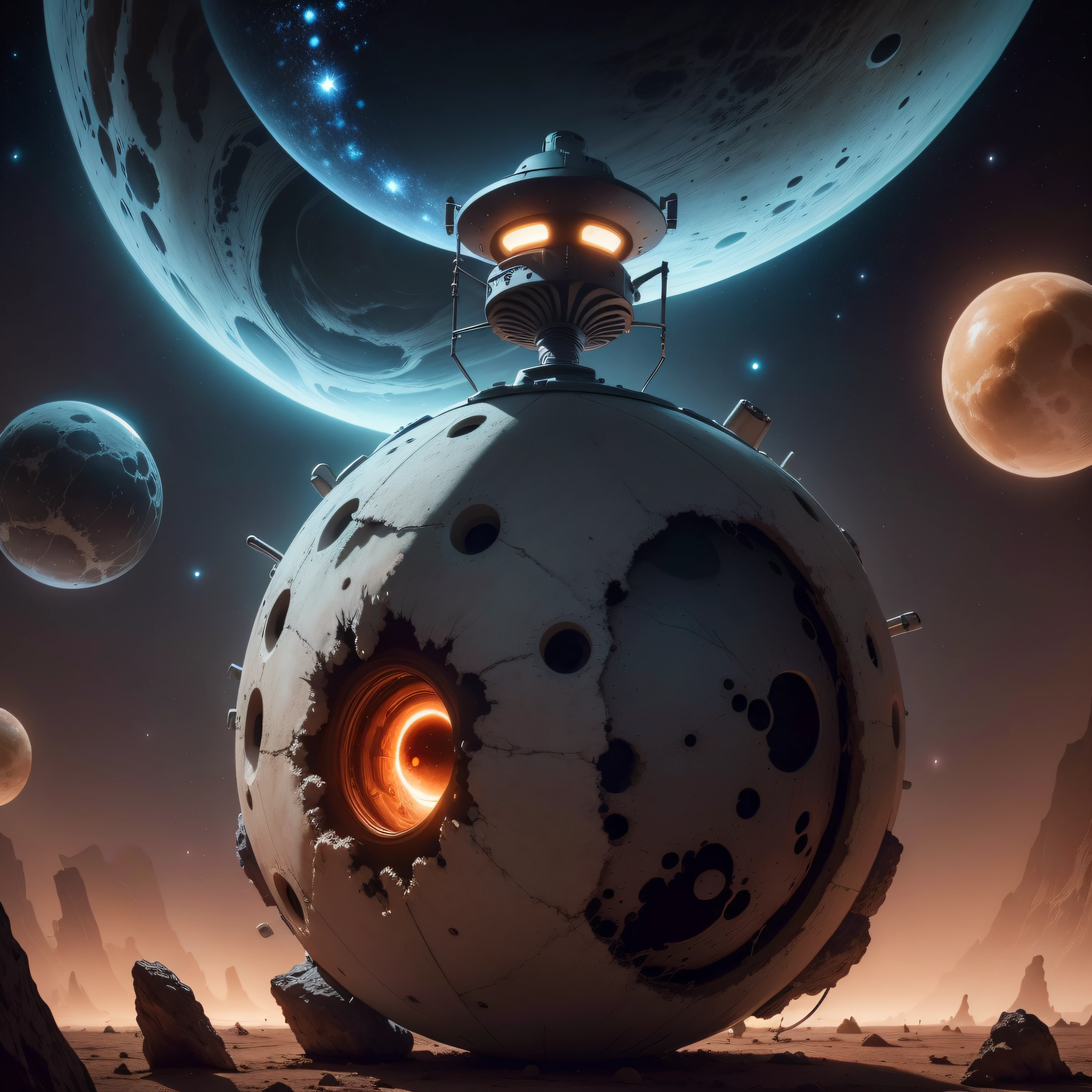 (extremadamente detallado, obra maestra, La mejor calidad), Estilo oscuro, intense illumination, bacteriophage virus floating through space approaching a planet. Aesthetics 2001, una odisea en el espacio.