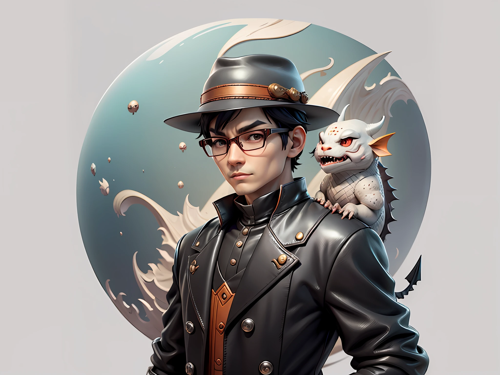 Young man with oriental face in leather hat, dragon, formal suit, short black hair, silver glasses, digital painting, 3D character design by Mark Clairedon and Pixar and Hayao Miyazaki and Akira Toriyama, the illustration is a high-definition illustration in 4K resolution with very detailed facial features and cartoon-style visuals.