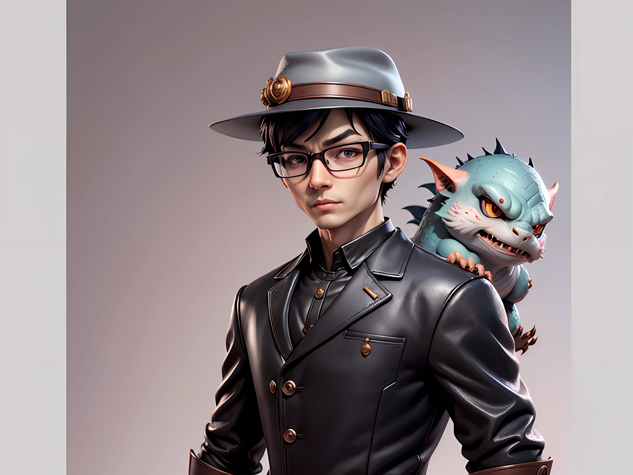 Young man with oriental face in leather hat, dragon, formal suit, short black hair, silver glasses, digital painting, 3D character design by Mark Clairedon and Pixar and Hayao Miyazaki and Akira Toriyama, the illustration is a high-definition illustration in 4K resolution with very detailed facial features and cartoon-style visuals.